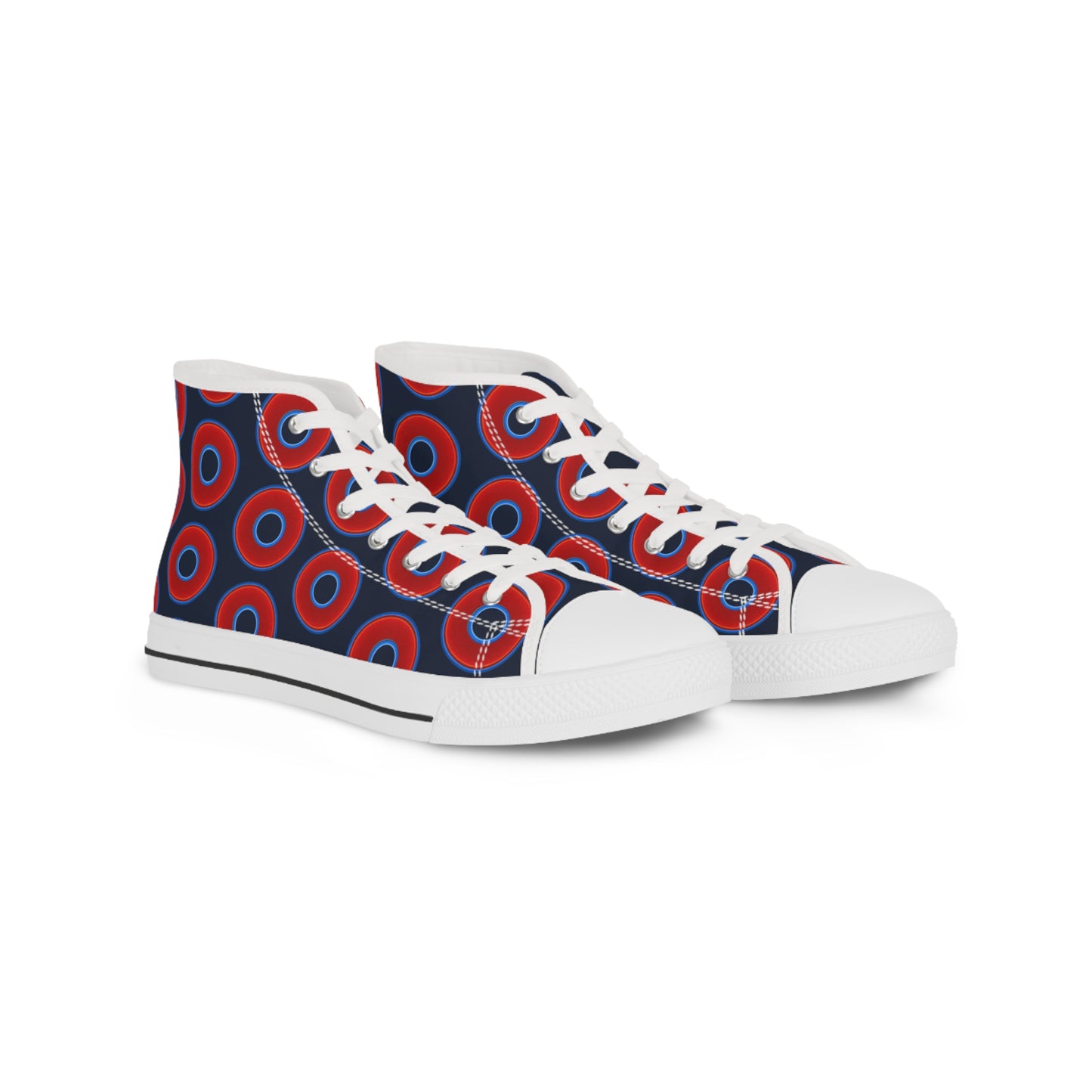Men's High Top Chucks - large vivid red donut print w/midnight teal blue background