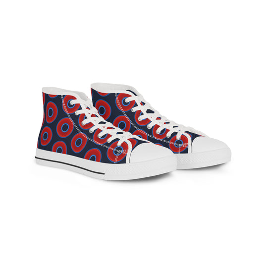 Men's High Top Chucks - large vivid red donut print w/midnight teal blue background