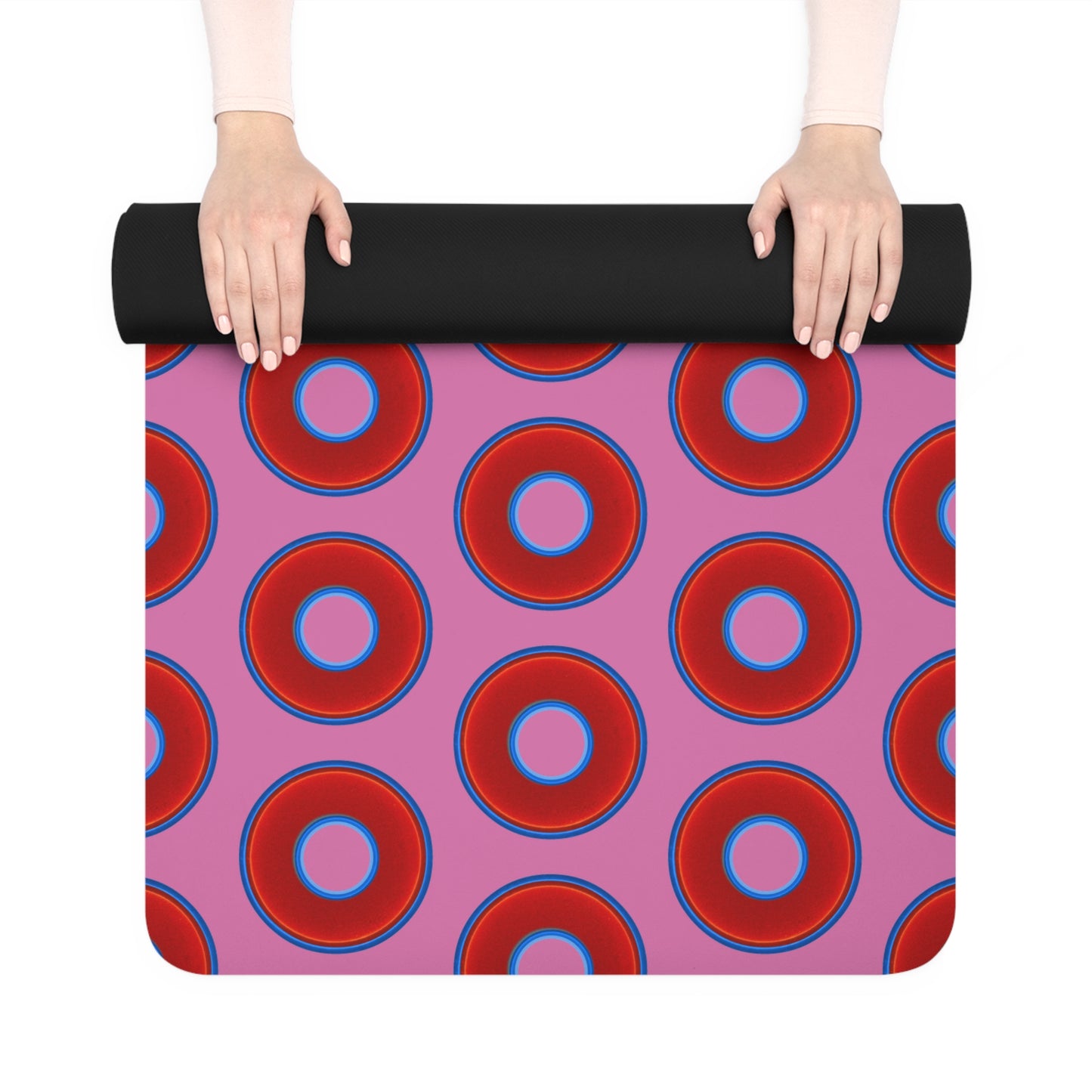 Lumpy Donut Yoga Mat :) - 24″ x 70" - vivid red donut print w/pink background