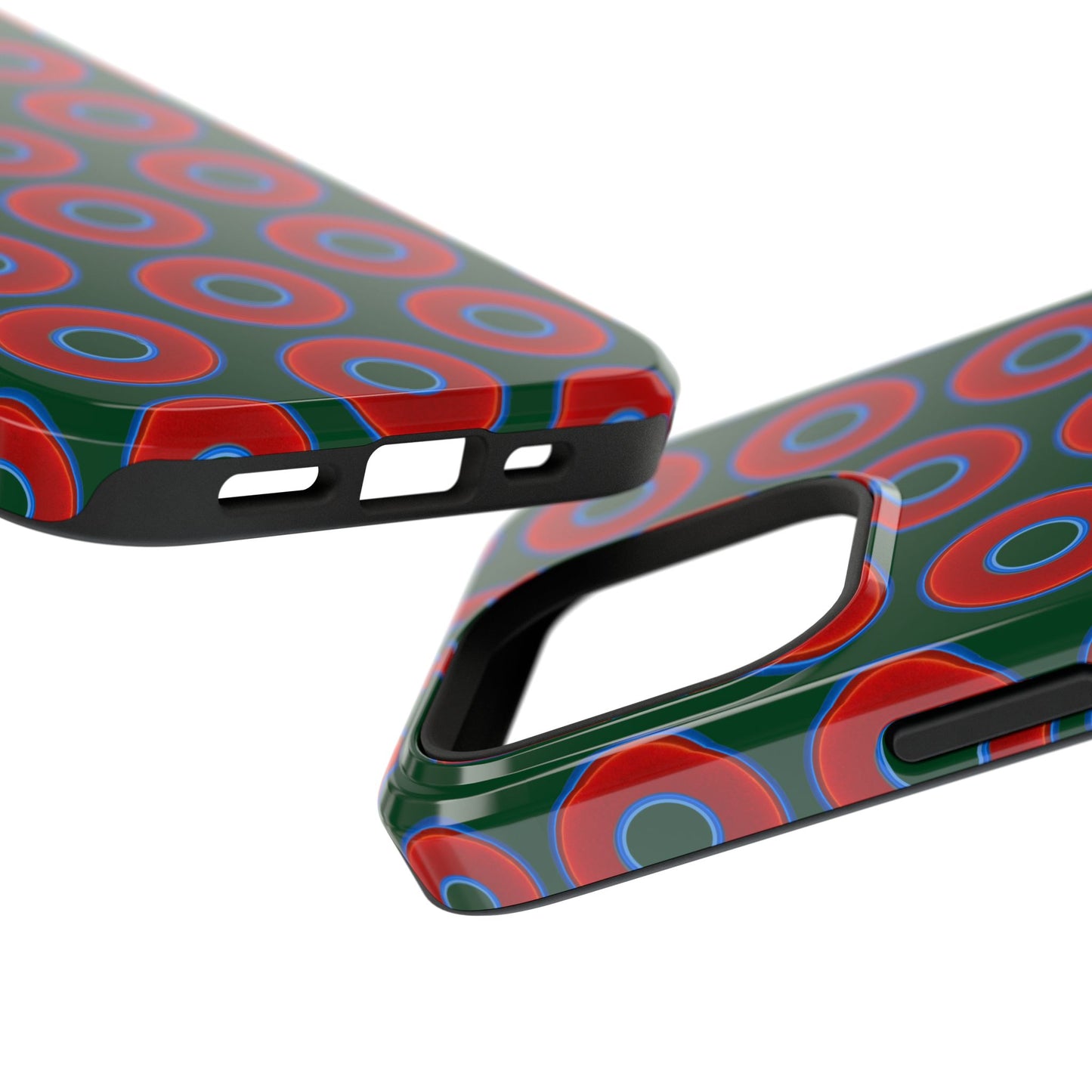 Impact-Resistant Lumpy Donut Case - red vivid donut print w/dark pond green background