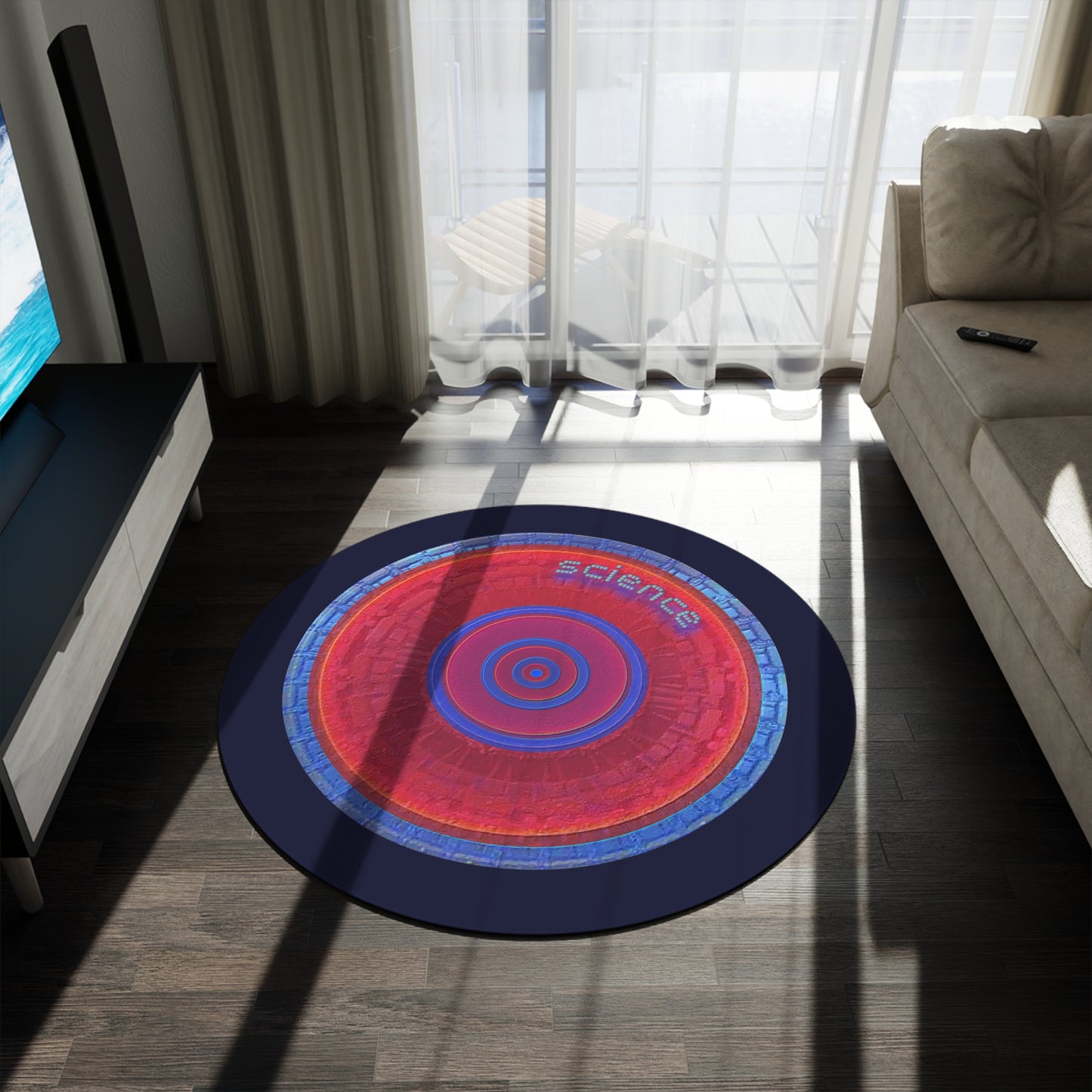 Round Room - 5 ft x 5 ft Lumpy Donut Rug - "The Scientific Donut Rug" - vivid red/blue tube donut w/dark navy background