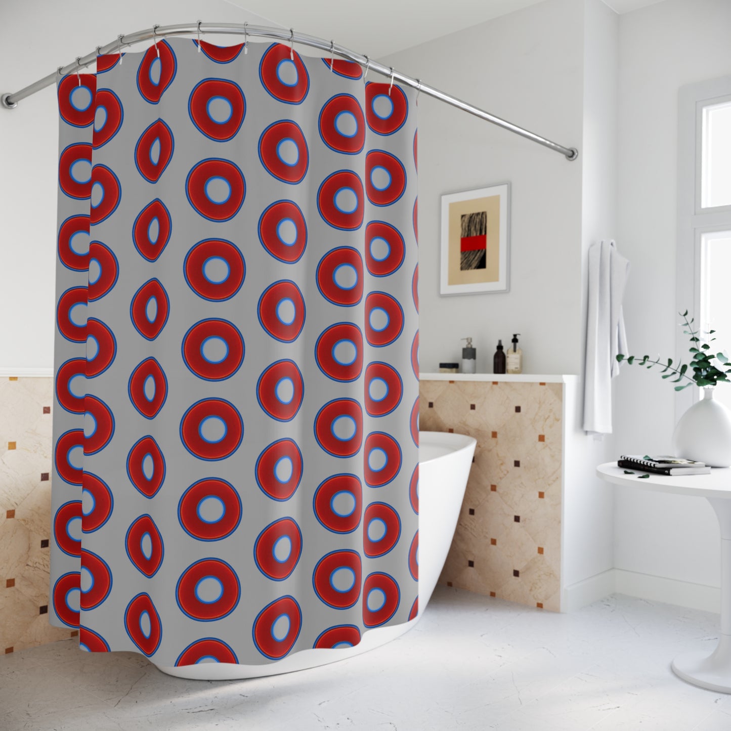 The Curtain With "Donuts" - Lumpy Bath Time Fun - vivid red donuts w/light gray background