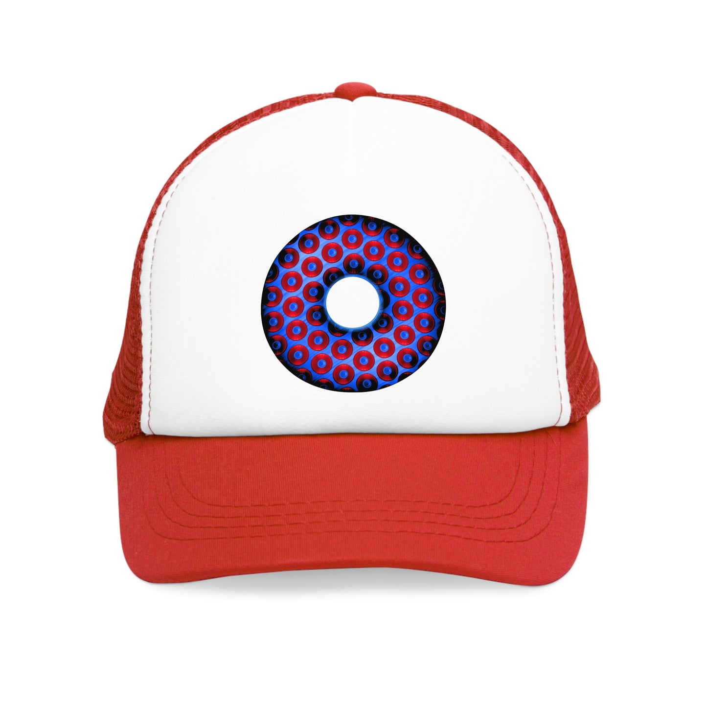 Lumpy Trucker Hat - "Paradoxical Donut - variant 3 - bling donut print " red/blue