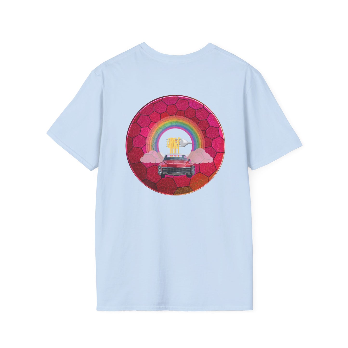 Classic Donut Tee - Unisex Soft-Style - "Cadillac Rainbows Donut Tee" - variant 1 - magenta hexadonut w/red caddy