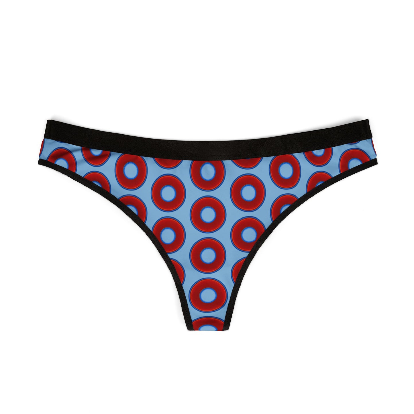 Lumpy Donut Thongs - red vivid donut print w/sky blue background
