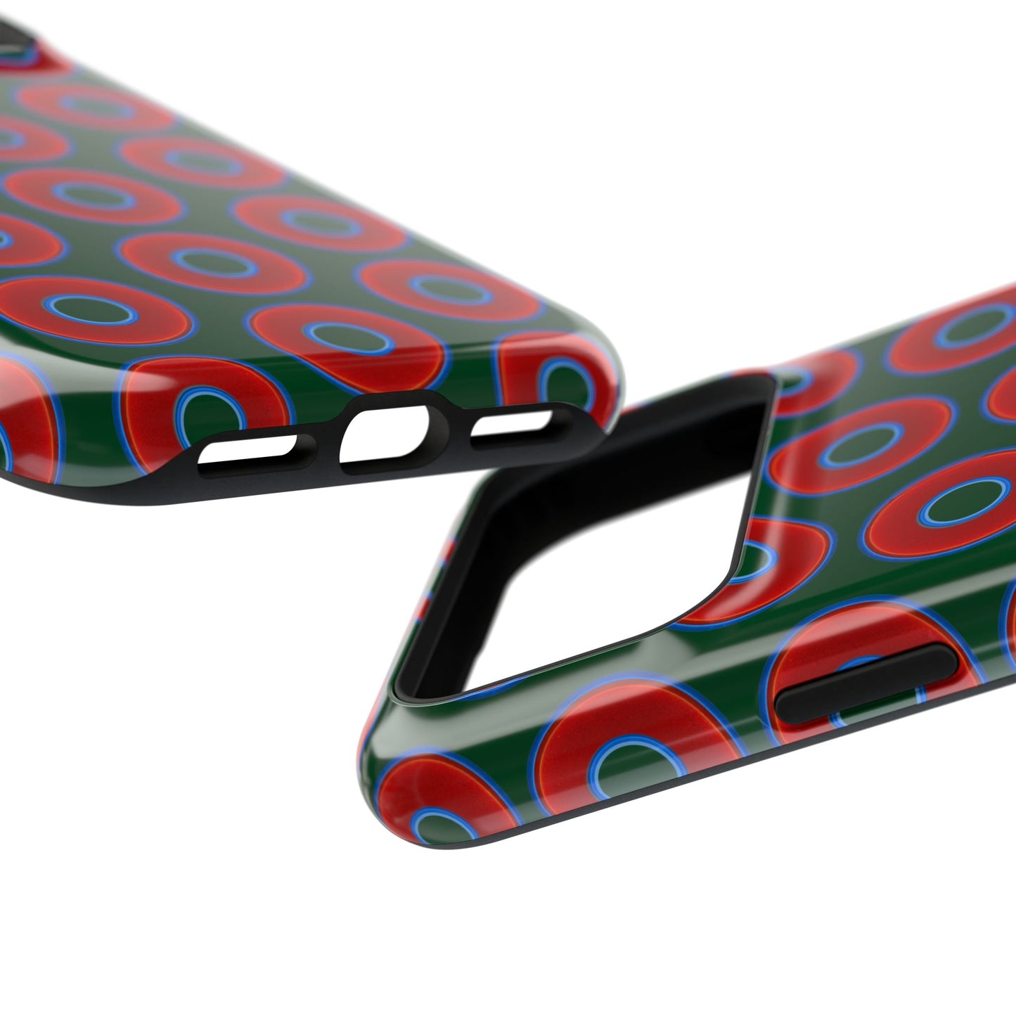 Impact-Resistant Lumpy Donut Case - red vivid donut print w/dark pond green background