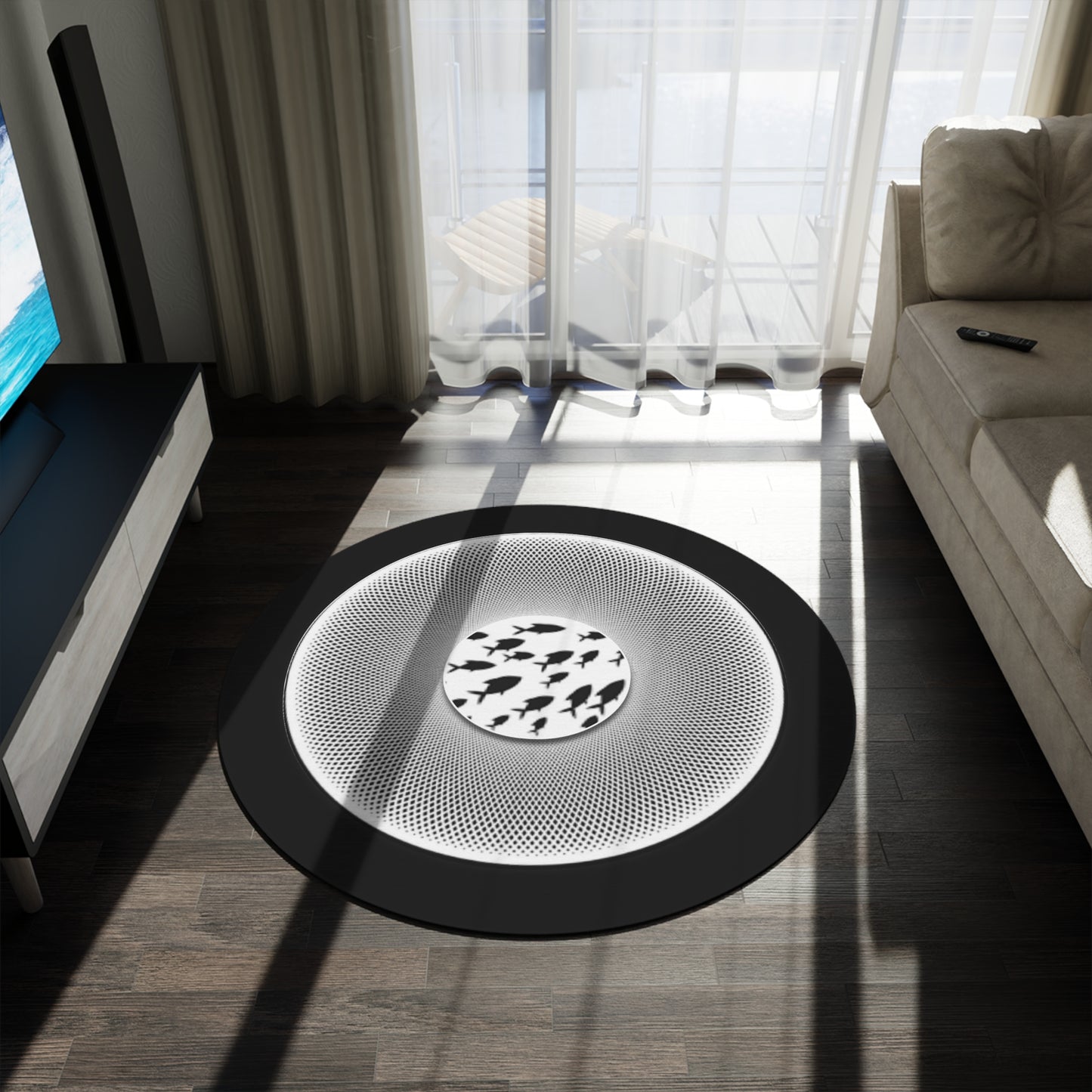 Round Room - 5 ft x 5 ft Lumpy Donut Rug - "Swimming by this Rug" - light black/white phatty donut w/black background - variant 1