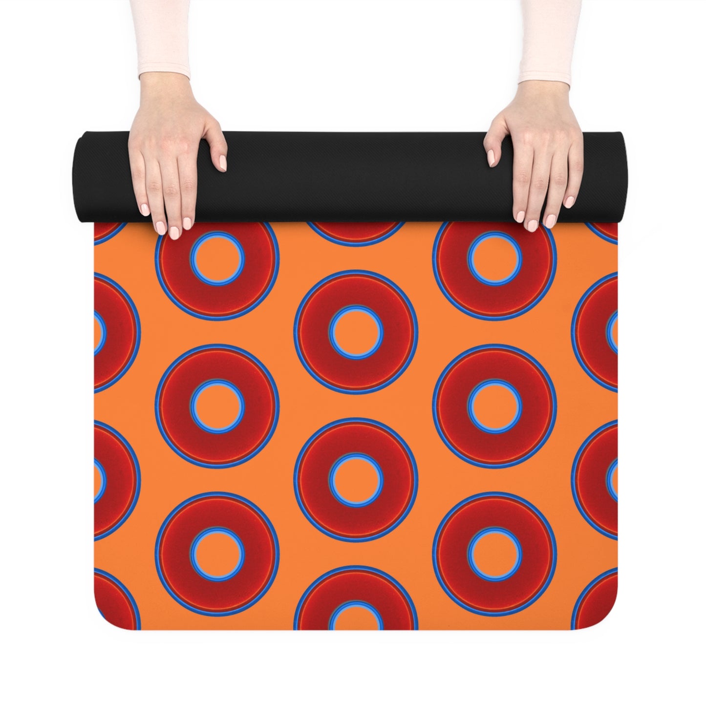 Lumpy Donut Yoga Mat :) - 24″ x 70" - vivid red donut print w/orange background