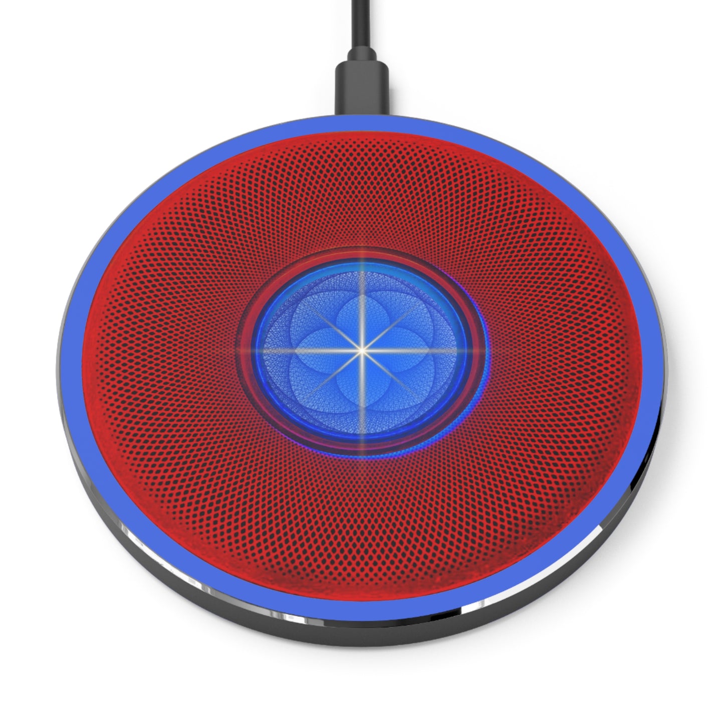 The Flow - Wireless Lumpy Donut Chargers - "Geometric Phatty Donut" - red phatty donut w/royal blue background