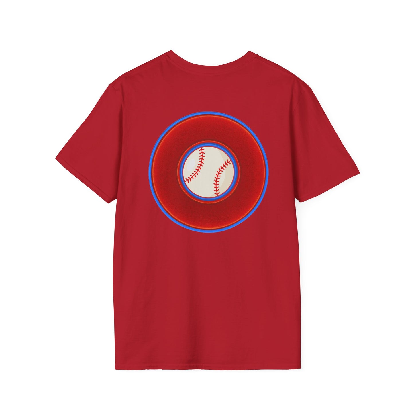 Classic Donut Tee - Unisex Soft-Style - "Phenway Ballpark Donuts" - vivid red/blue donut - variant 4