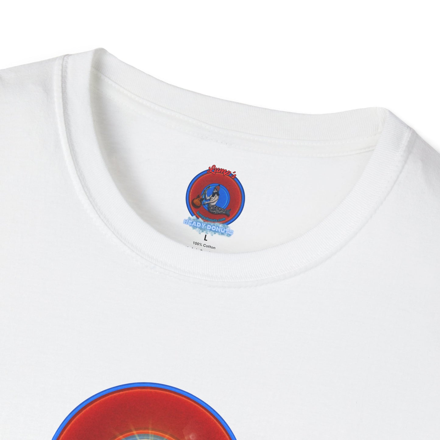 Classic Donut Tee - Unisex Soft-Style - "Ocean Donuts of Love" - vivid red donut - w/sun - variant 2