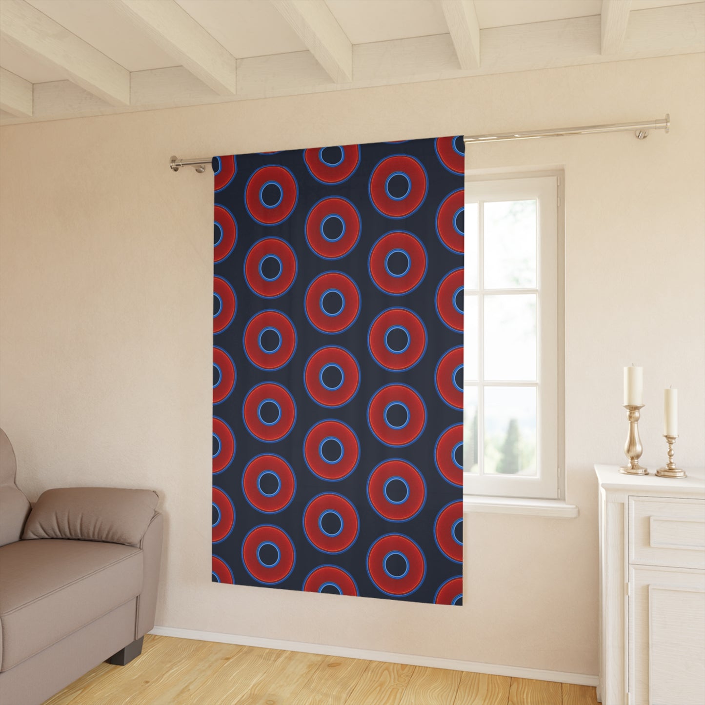 Lump's Heady Curtain w/Donuts - vivid red donut print - w/midnight teal blue background - [*1 Piece / 50" x 84"]