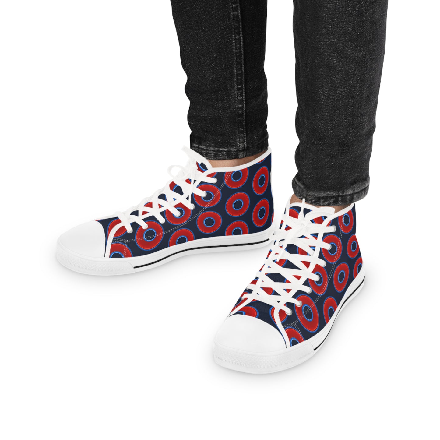 Men's High Top Chucks - large vivid red donut print w/midnight teal blue background