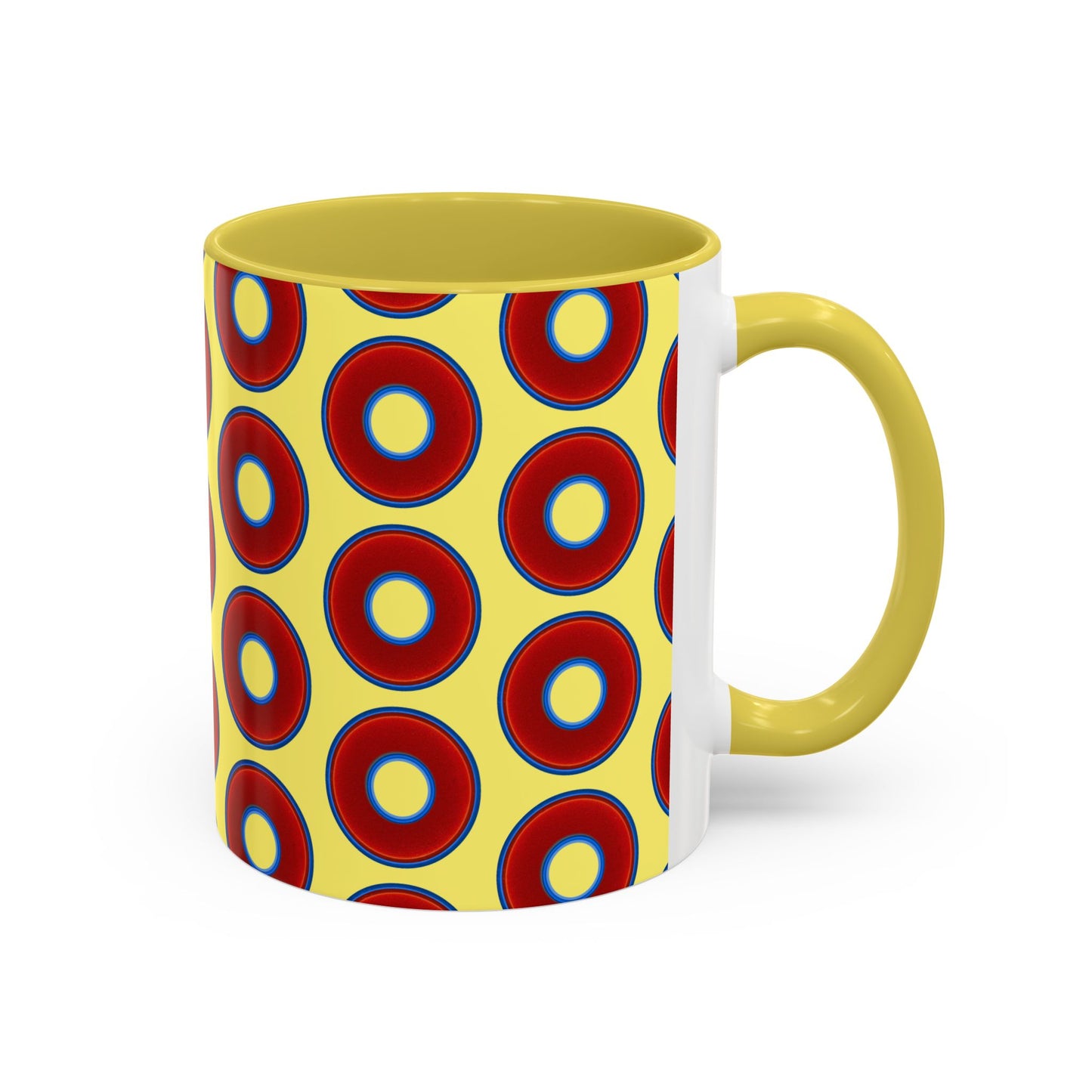 Lump's Grumpy Coffee Mug - vivid red donuts w/yellow background