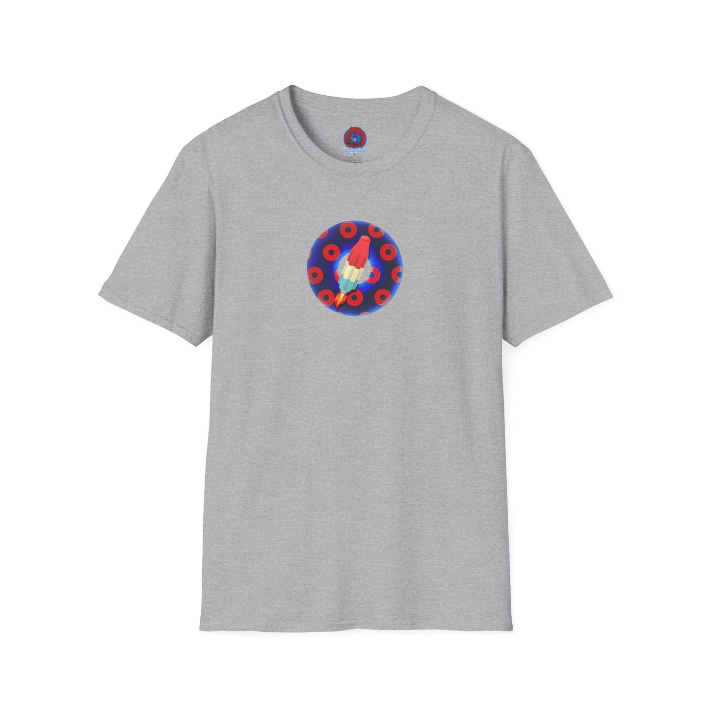 Classic Donut Tee - Unisex Soft-Style - "Blow this Popsicle Stand" - blue/red paradox bomb pop donut - variant 1