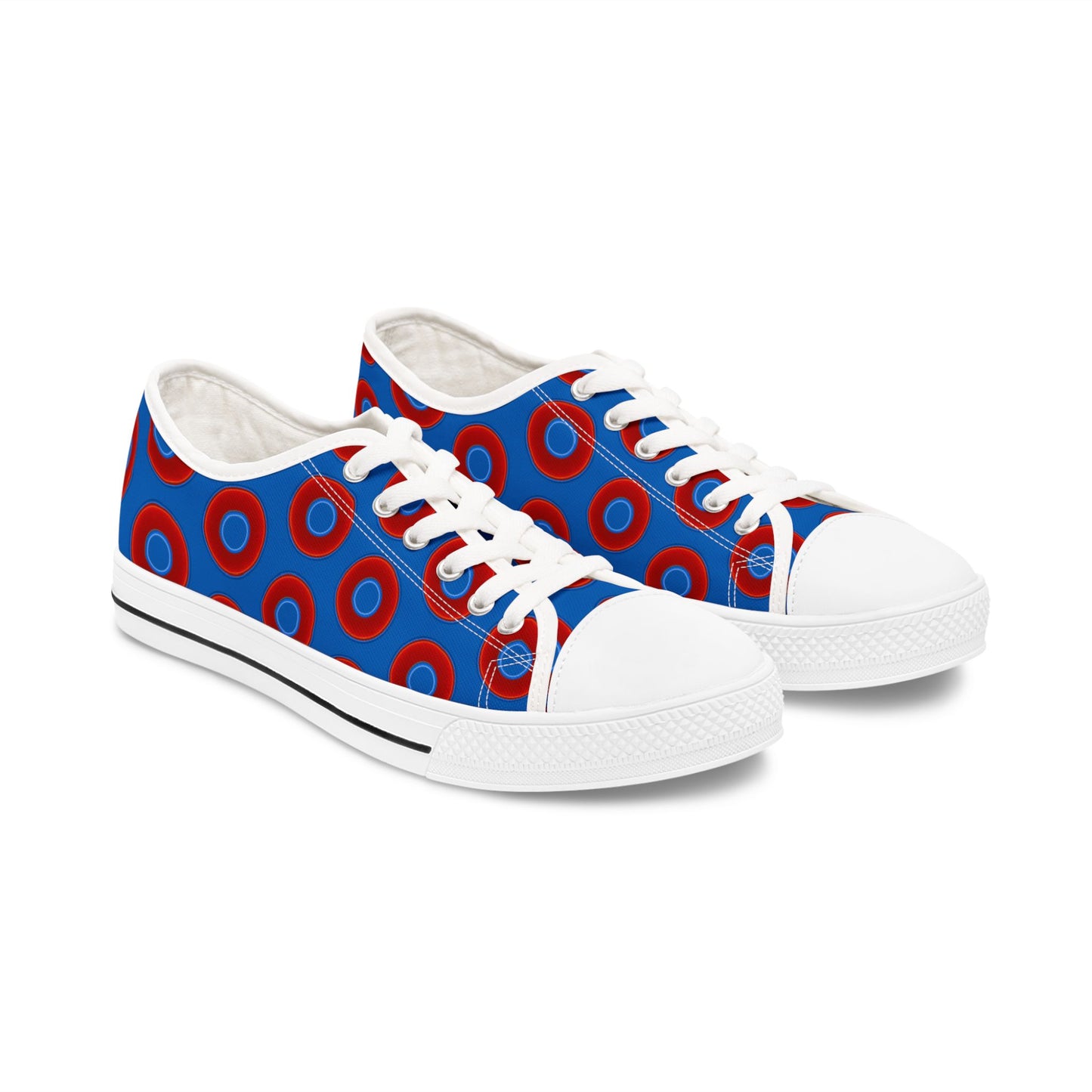 Women's - Low Top Chuck Taylors - large vivid red donut print w/dark royal blue background