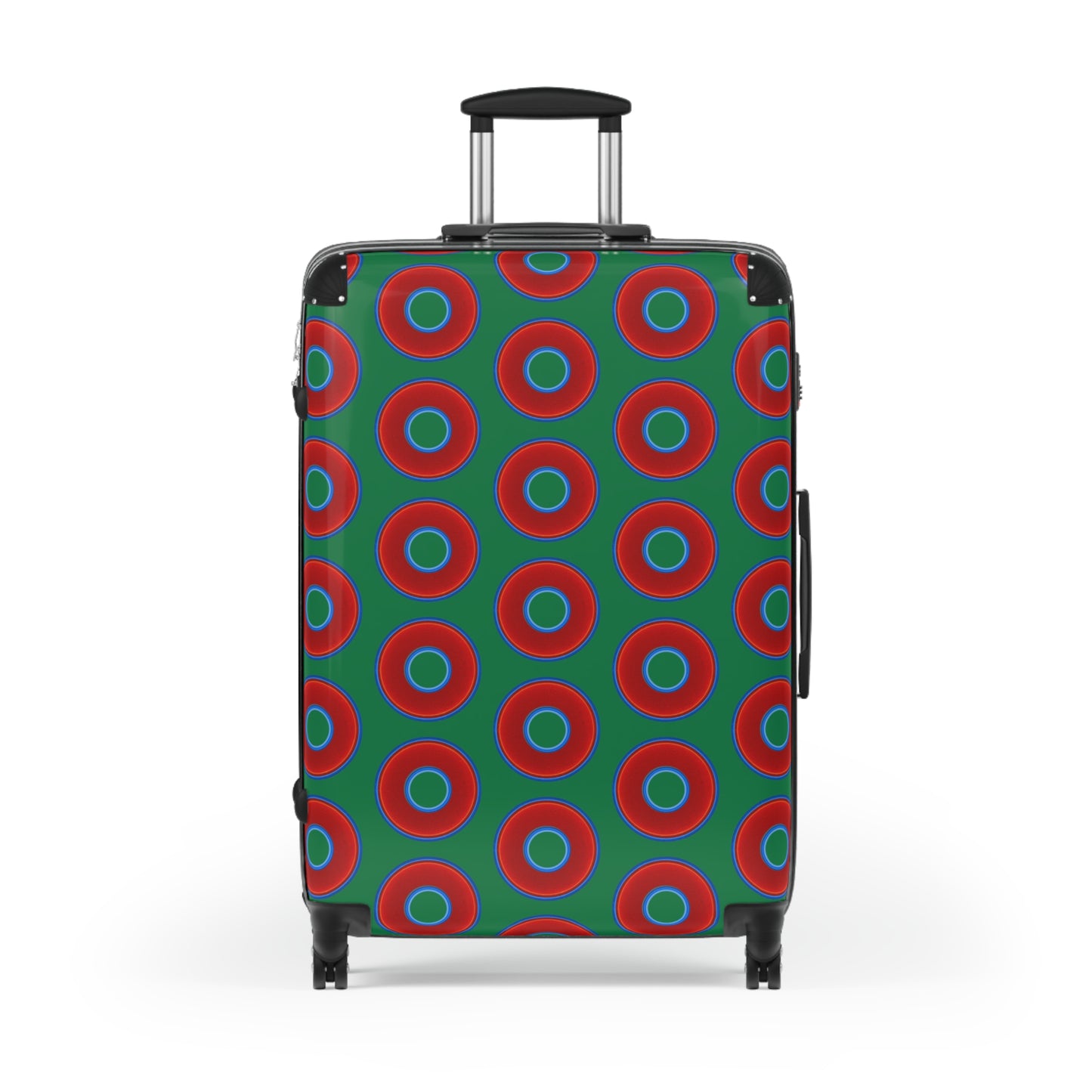 The Very Lumpy Donut Suitcase series - your choice of S, M or L - vivid red donut print w/dark green background
