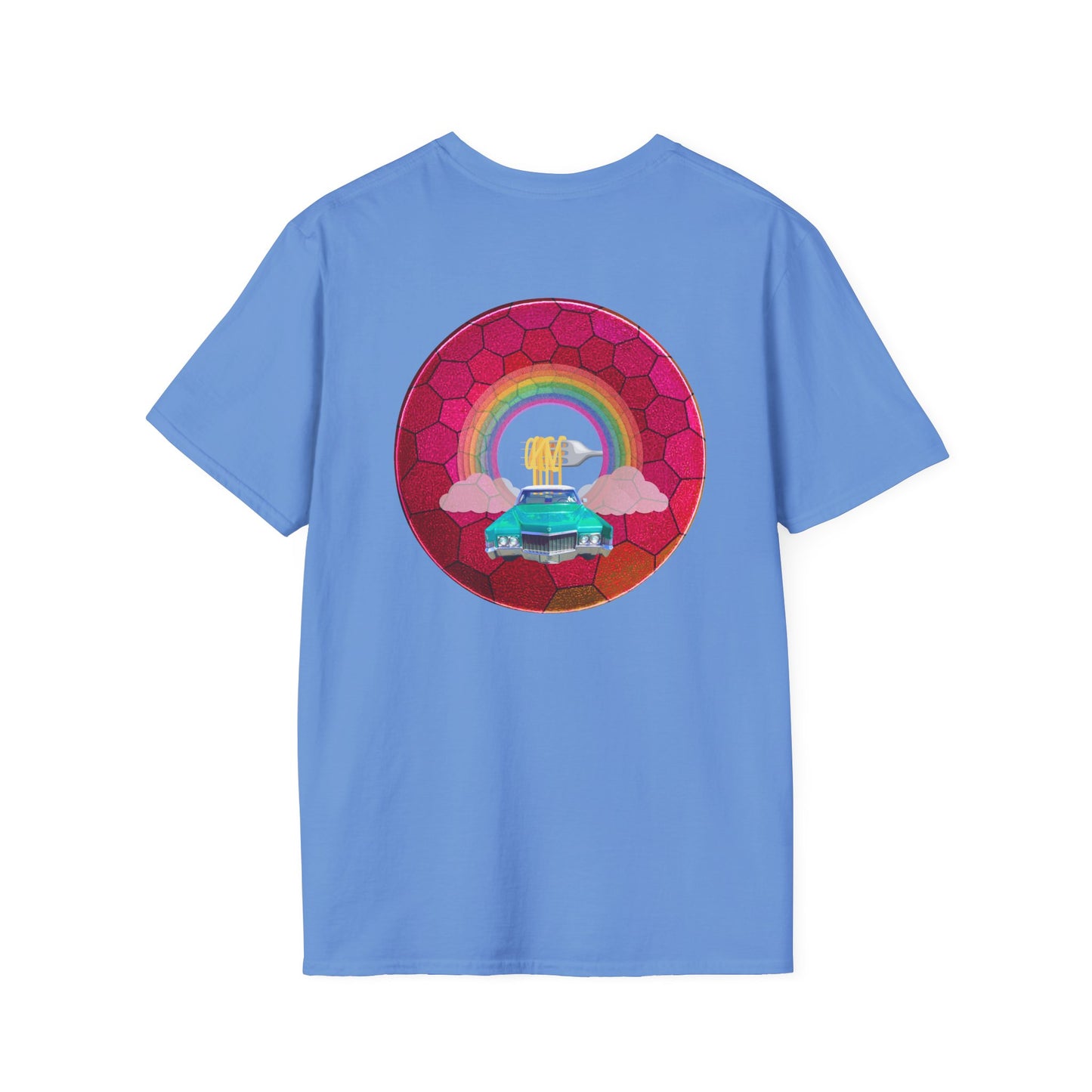 Classic Donut Tee - Unisex Soft-Style - "Cadillac Rainbows Donut Tee" - variant 3 - magenta hexadonut w/mint green caddy