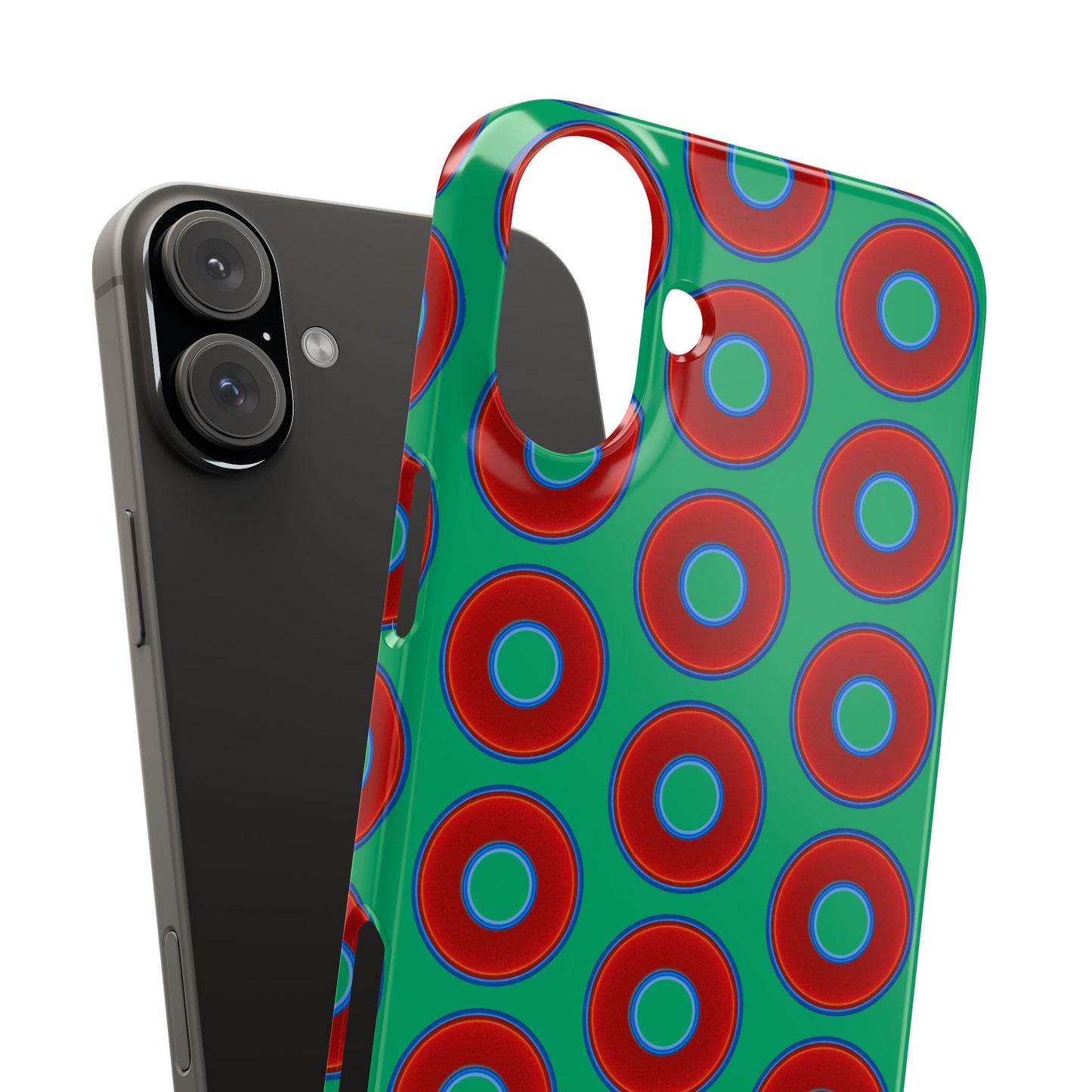 Lumpy Donut Snap Case - red vivid donut print w/jade green background