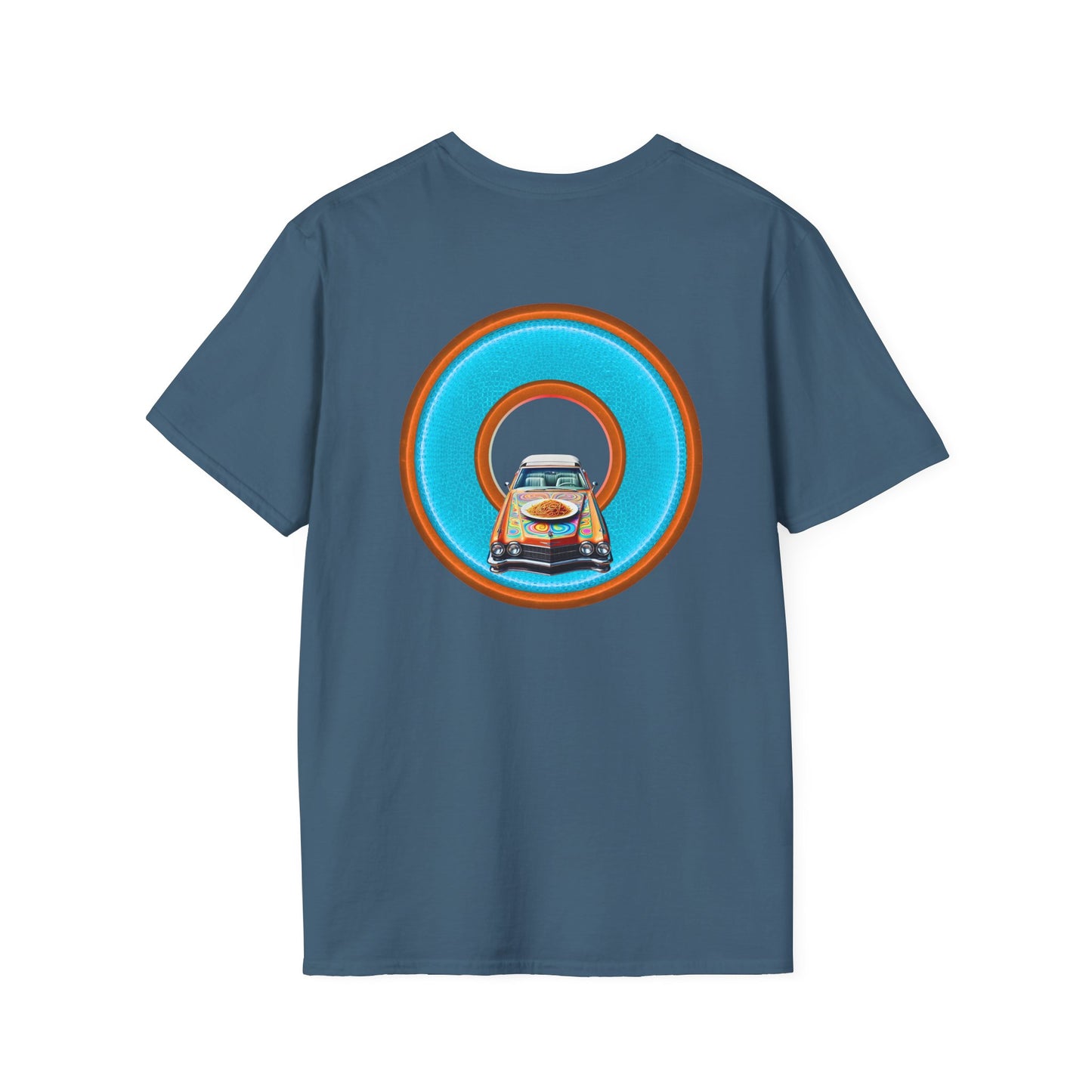 Classic Donut Tee - Unisex Soft-Style - "Cadillac Rainbow Spaghetti Incident" - series 1.0  - variant 2 - blue/orange donut