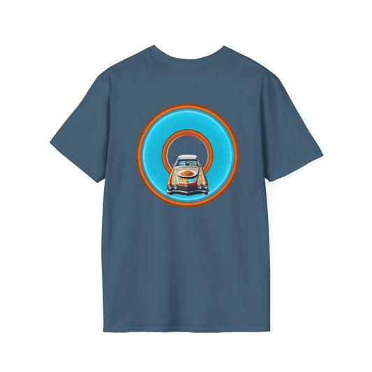 Classic Donut Tee - Unisex Soft-Style - "Cadillac Rainbow Spaghetti Incident" - series 1.0  - variant 2 - blue/orange donut