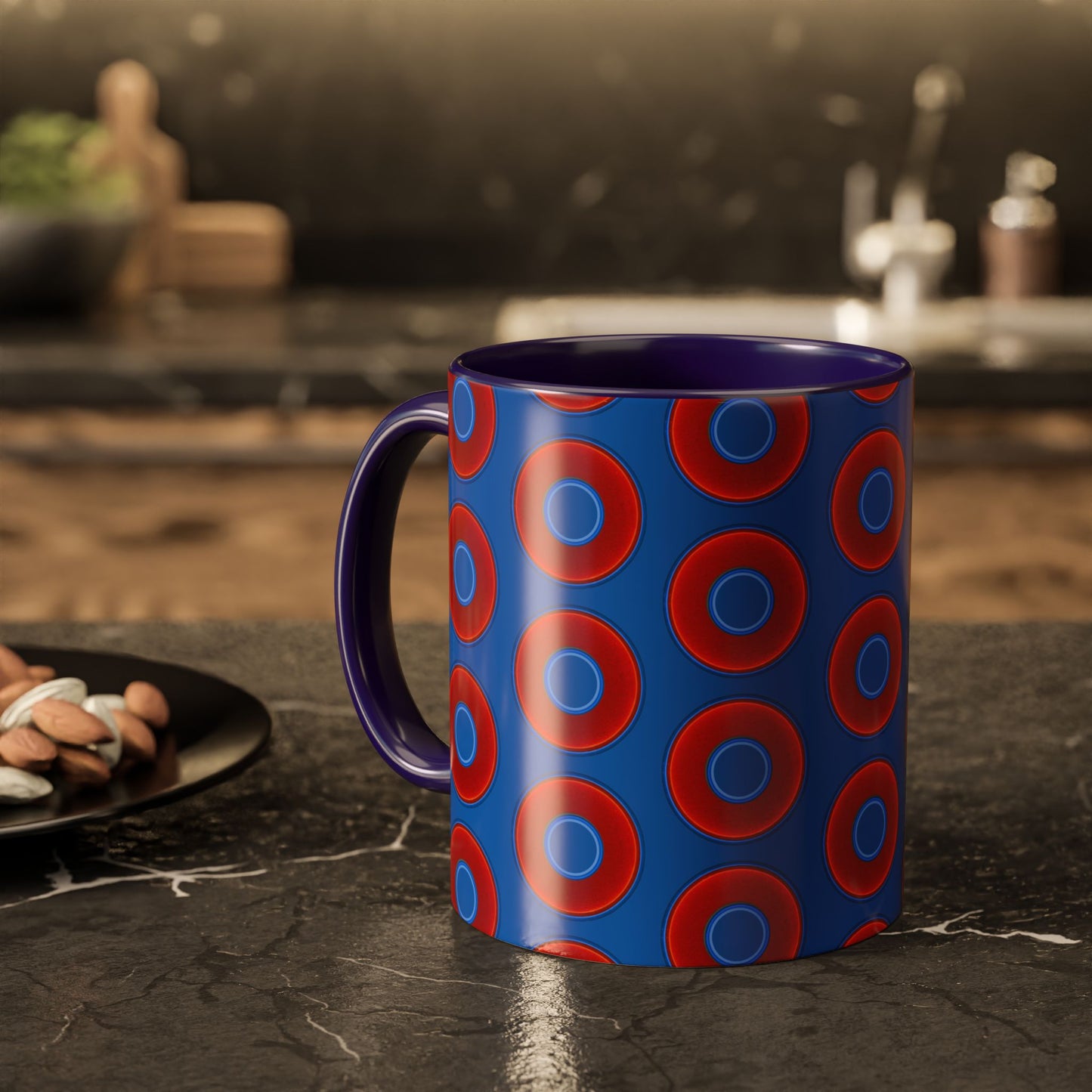 Lump's Grumpy Coffee Mug - vivid red donuts w/dark royal blue background
