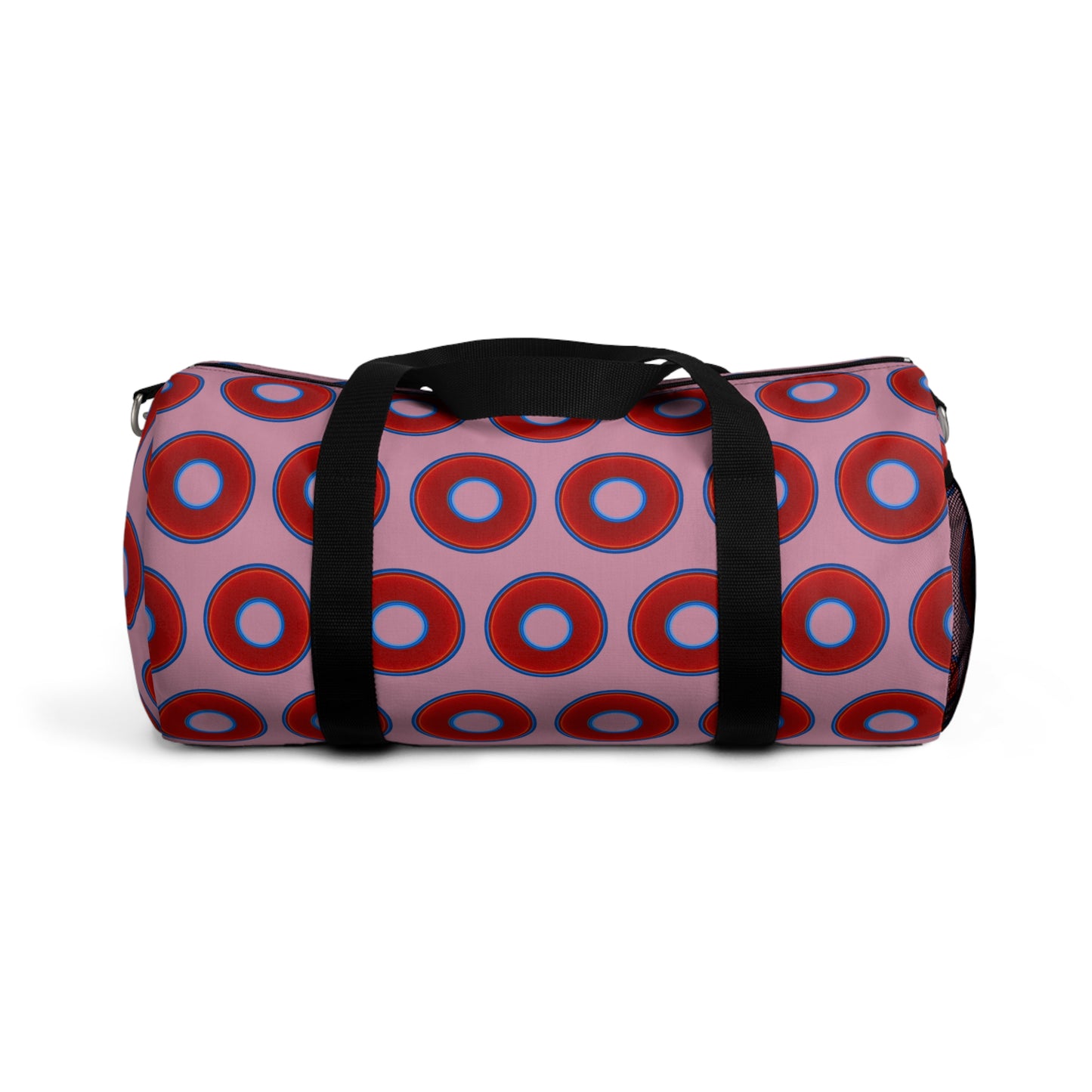Lumpy Duffel - vivid red donuts w/pale magenta background