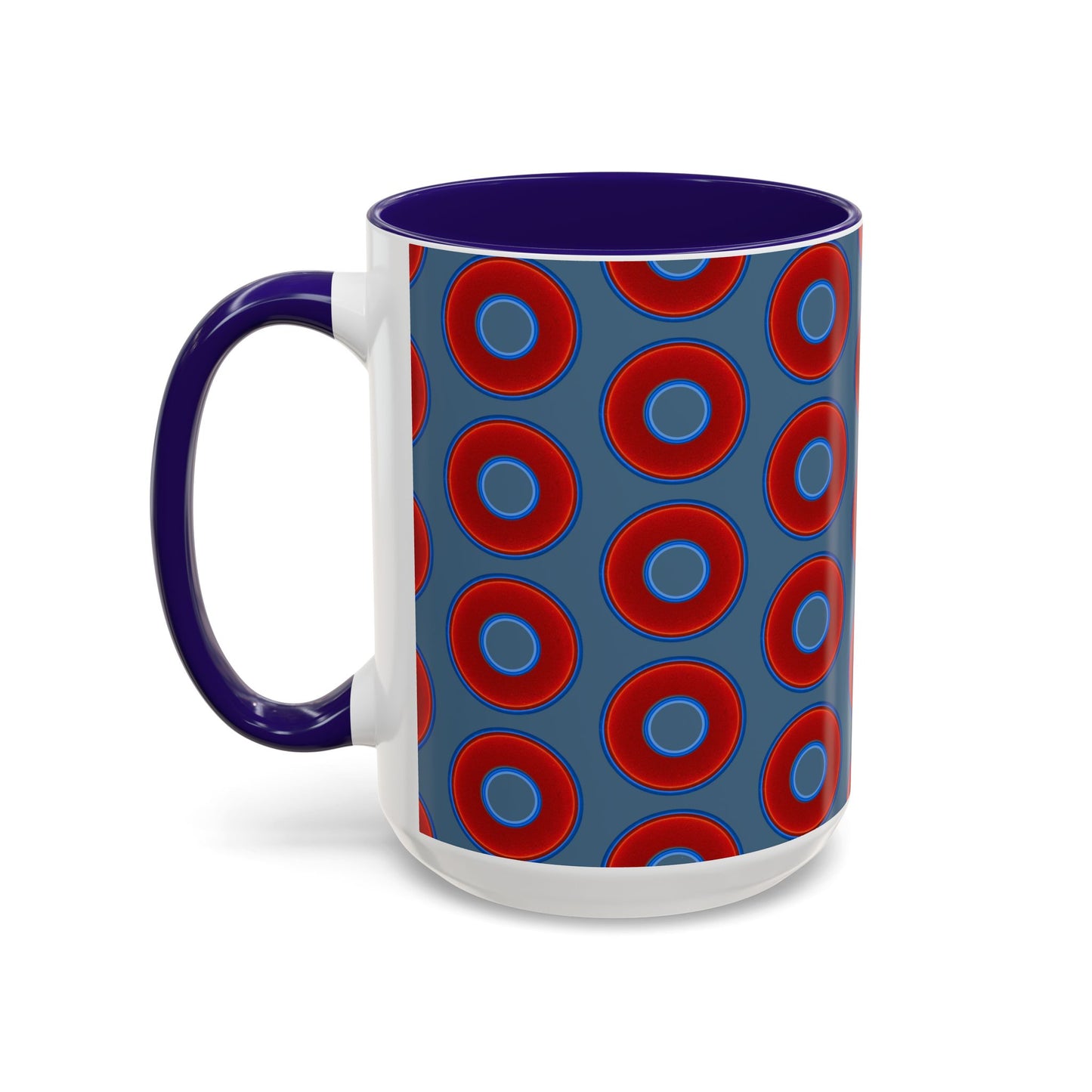 Lump's Grumpy Coffee Mug - vivid red donuts w/steel blue background