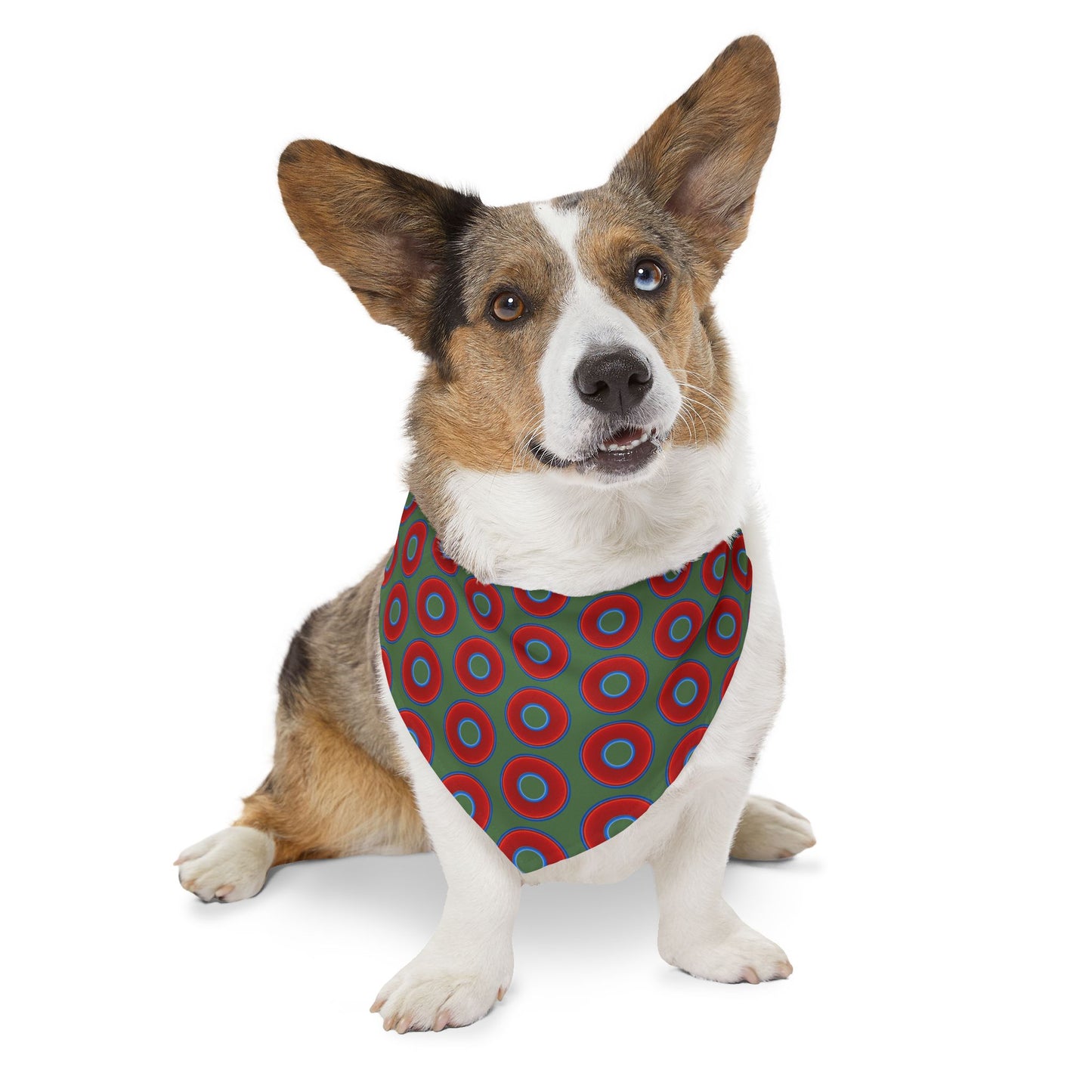 Jim's Lumpy Bandana Pet Collar - vivid red donuts w/dark green background