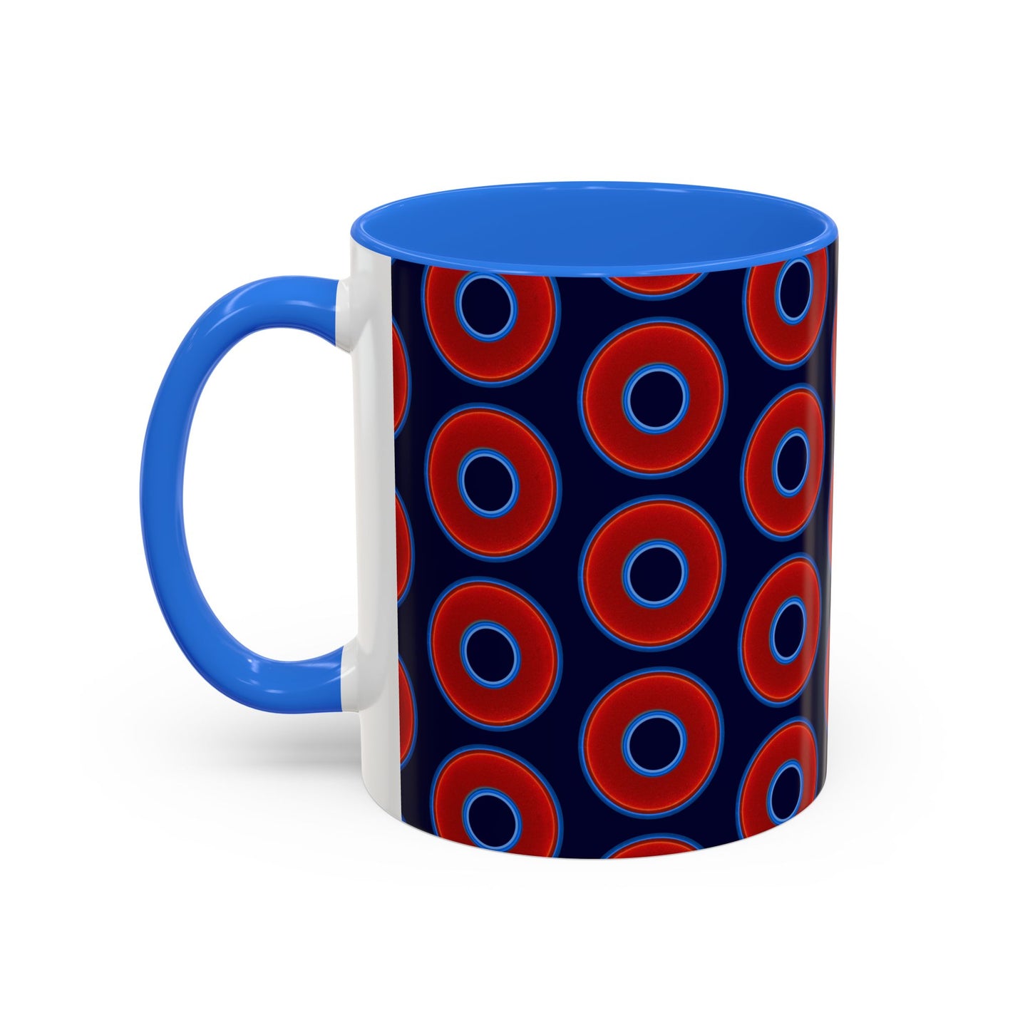 Lump's Grumpy Coffee Mug - vivid red donuts w/midnight blue background