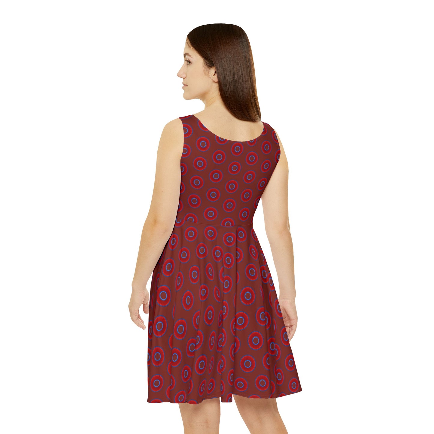 Women's Skater Donut Dress - vivid red donut print w/burnt umber background