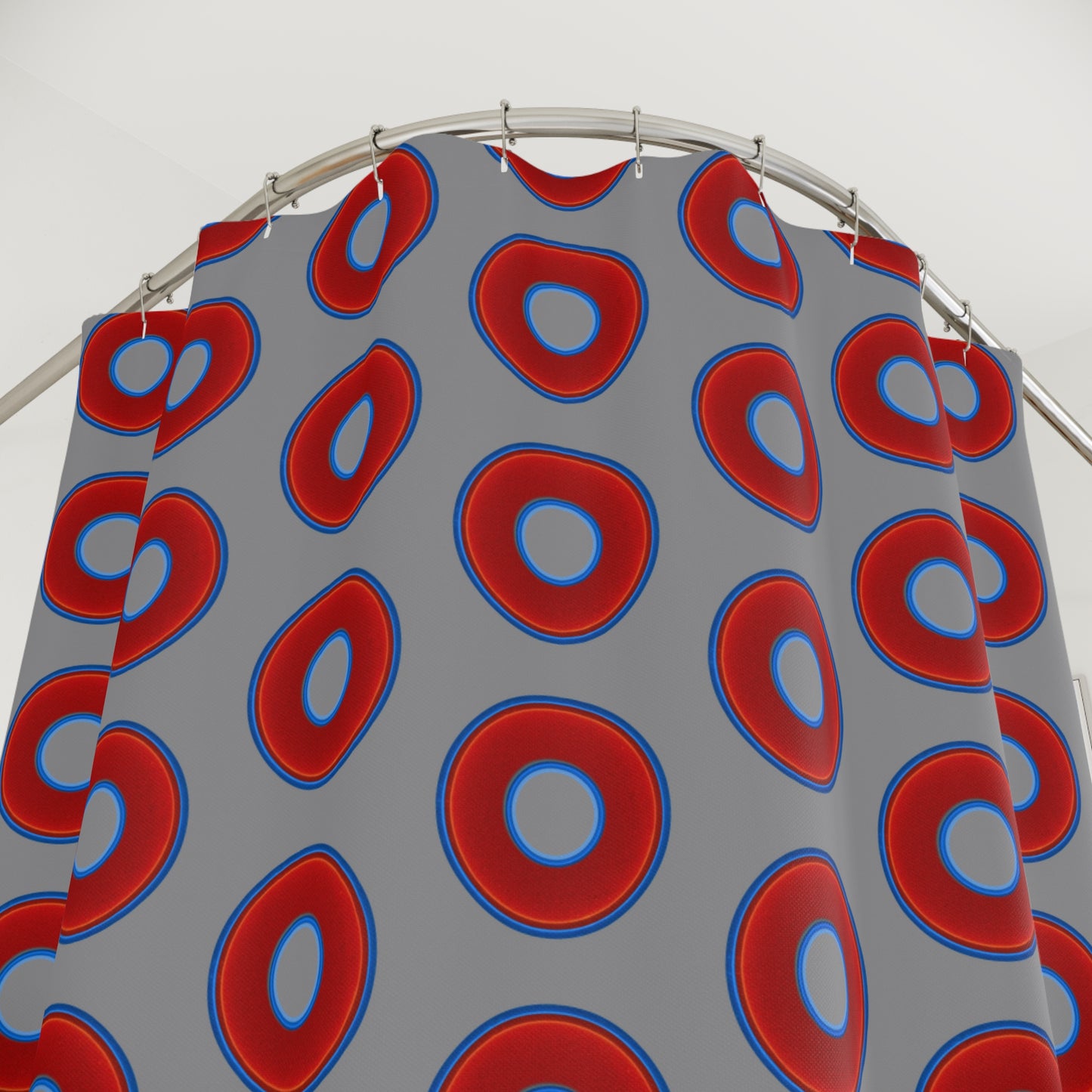 The Curtain With "Donuts" - Lumpy Bath Time Fun - vivid red donuts w/gray background