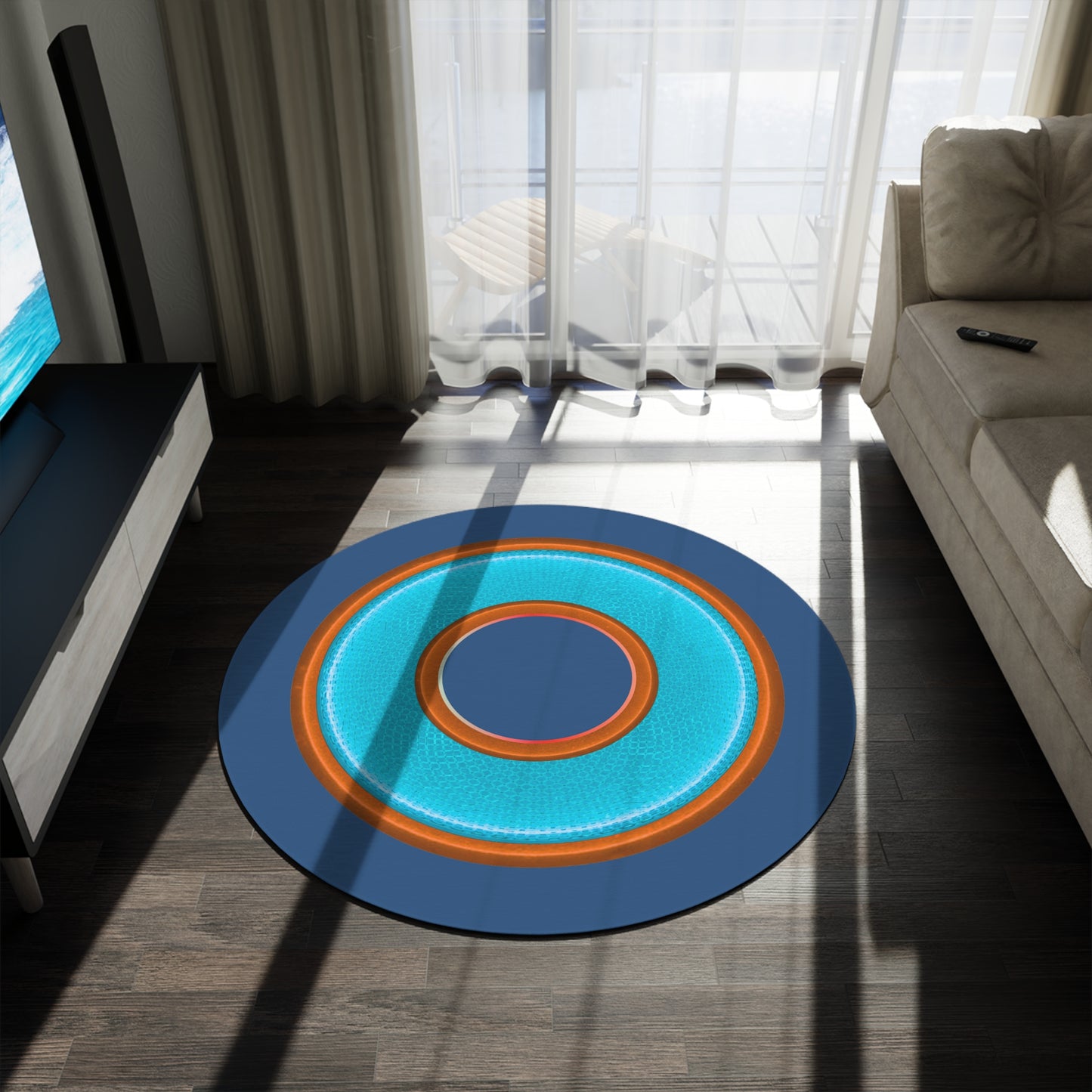 Round Room - 5 ft x 5 ft Lumpy Donut Rug - "Plain Donut" - rustic light blue/orange donut w/light navy background
