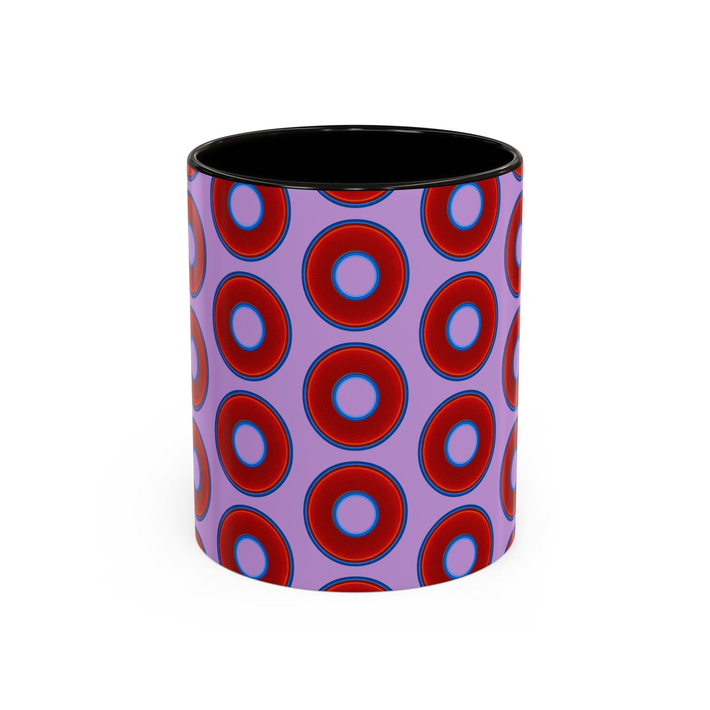 Lump's Grumpy Coffee Mug - vivid red donuts w/wisteria purple background