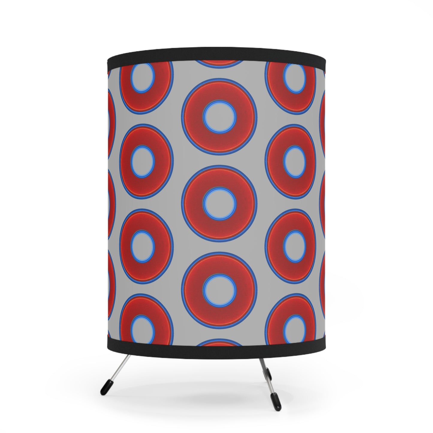 Lumpy Tripod Donut Lamp - vivid red donuts w/light gray background