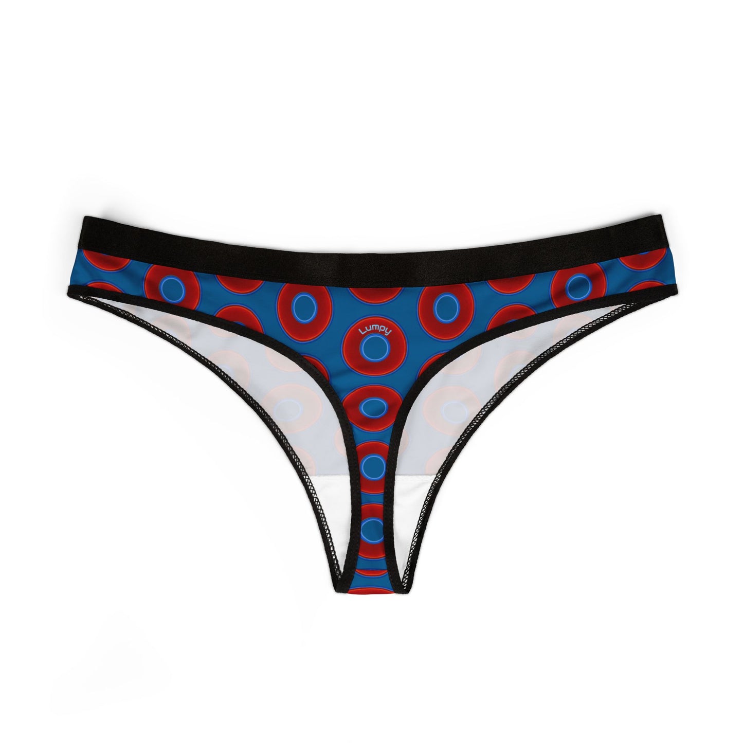 Lumpy Donut Thongs - red vivid donut print w/wavy navy blue background