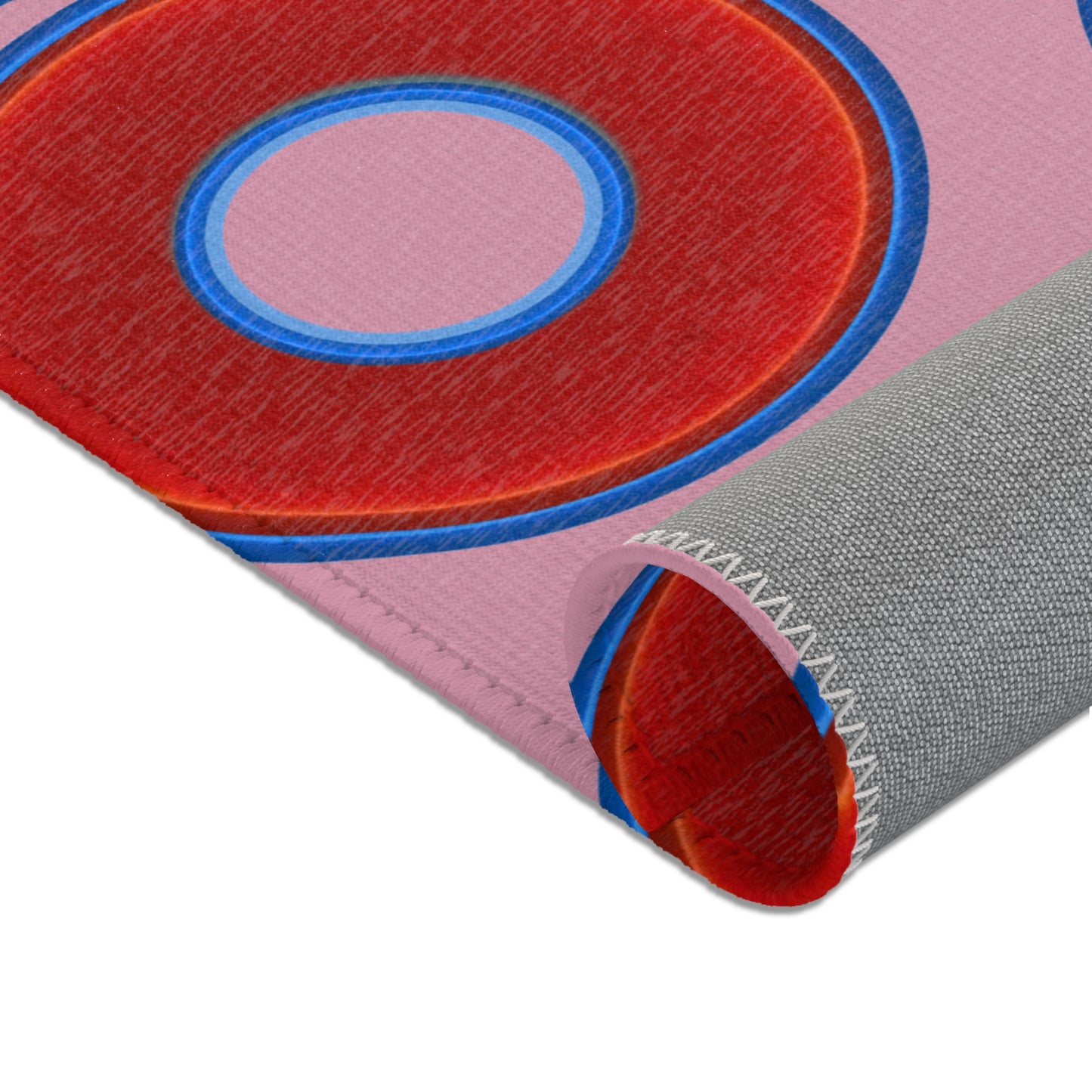 Lumpy Donut Print Rug - choice of 3 sizes - vivid red donut print w/pale magenta background