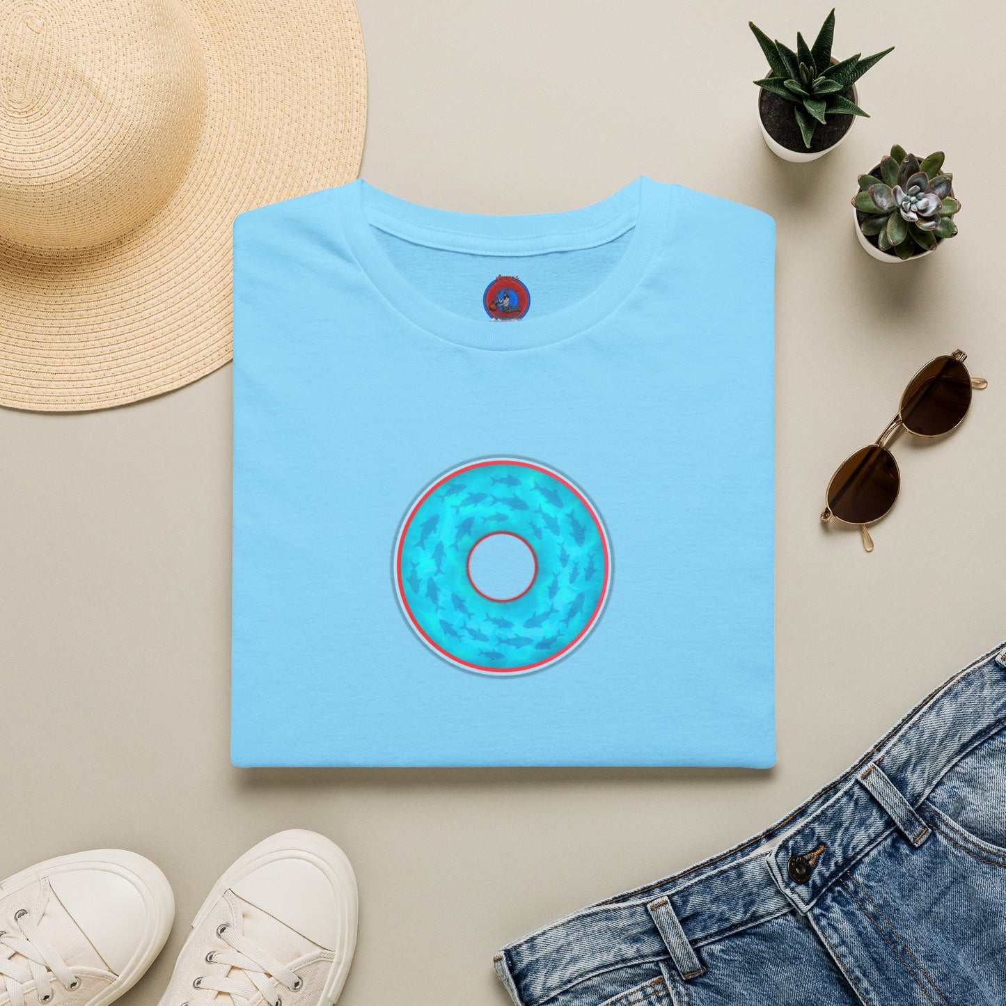 Classic Donut Tee - Unisex Soft-Style - "Skoolie of Phishies" - vivid sea donut - w/light blue water - variant 1