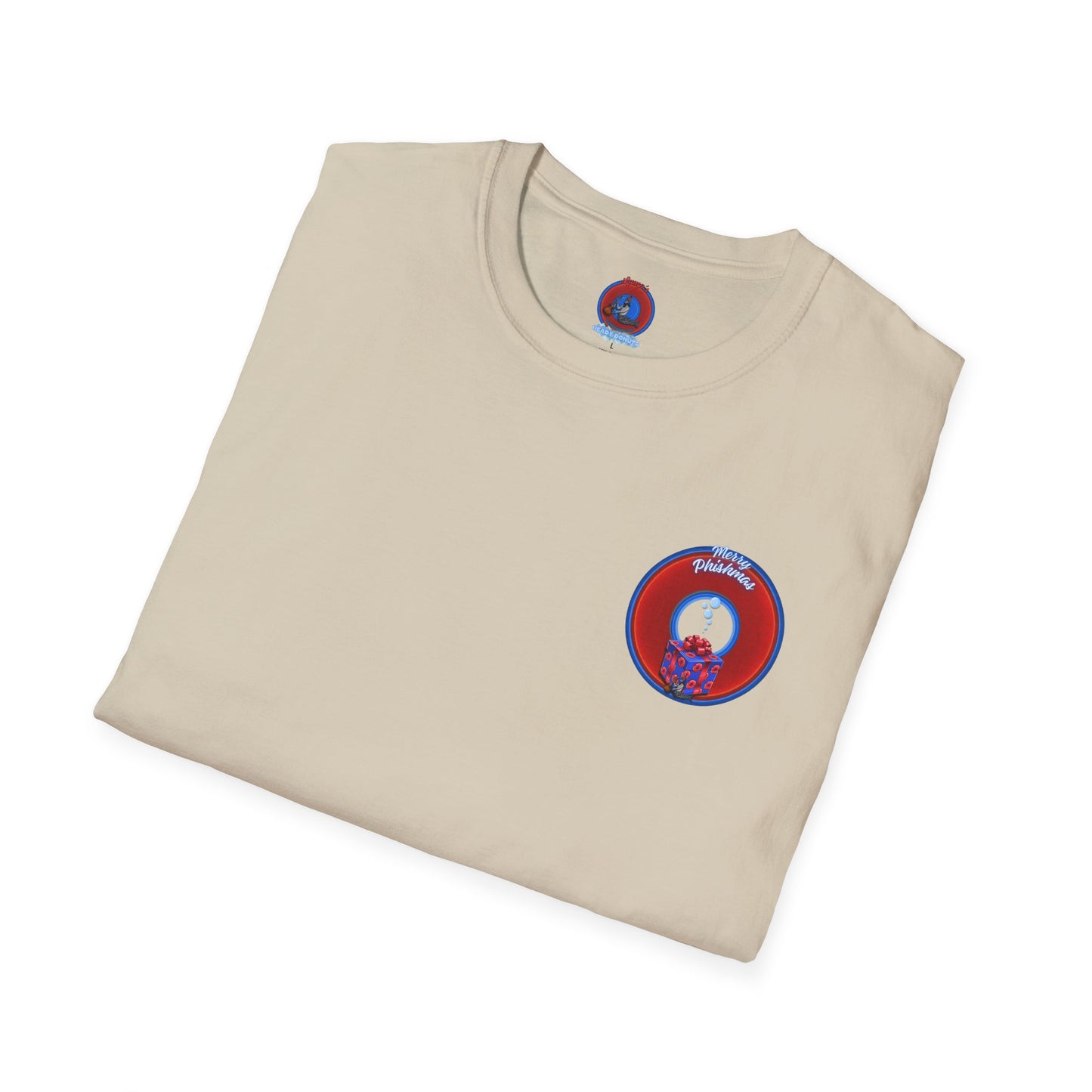 Classic Donut Tee - Unisex Soft-Style - "Phishmas Caroler's Tee " - vivid red/blue donut - variant 2