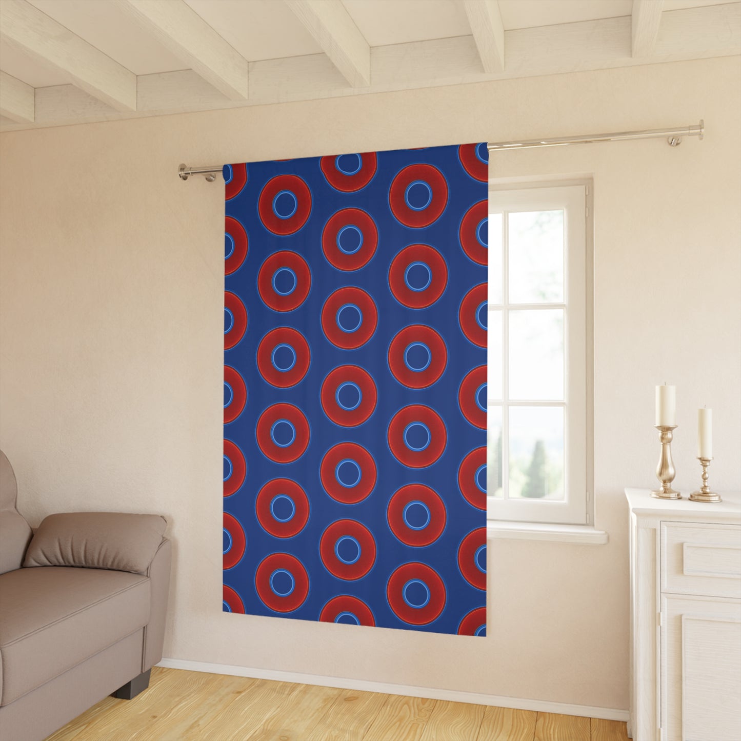 Lump's Heady Curtain w/Donuts - vivid red donut print - w/dark blue background - [*1 Piece / 50" x 84"]