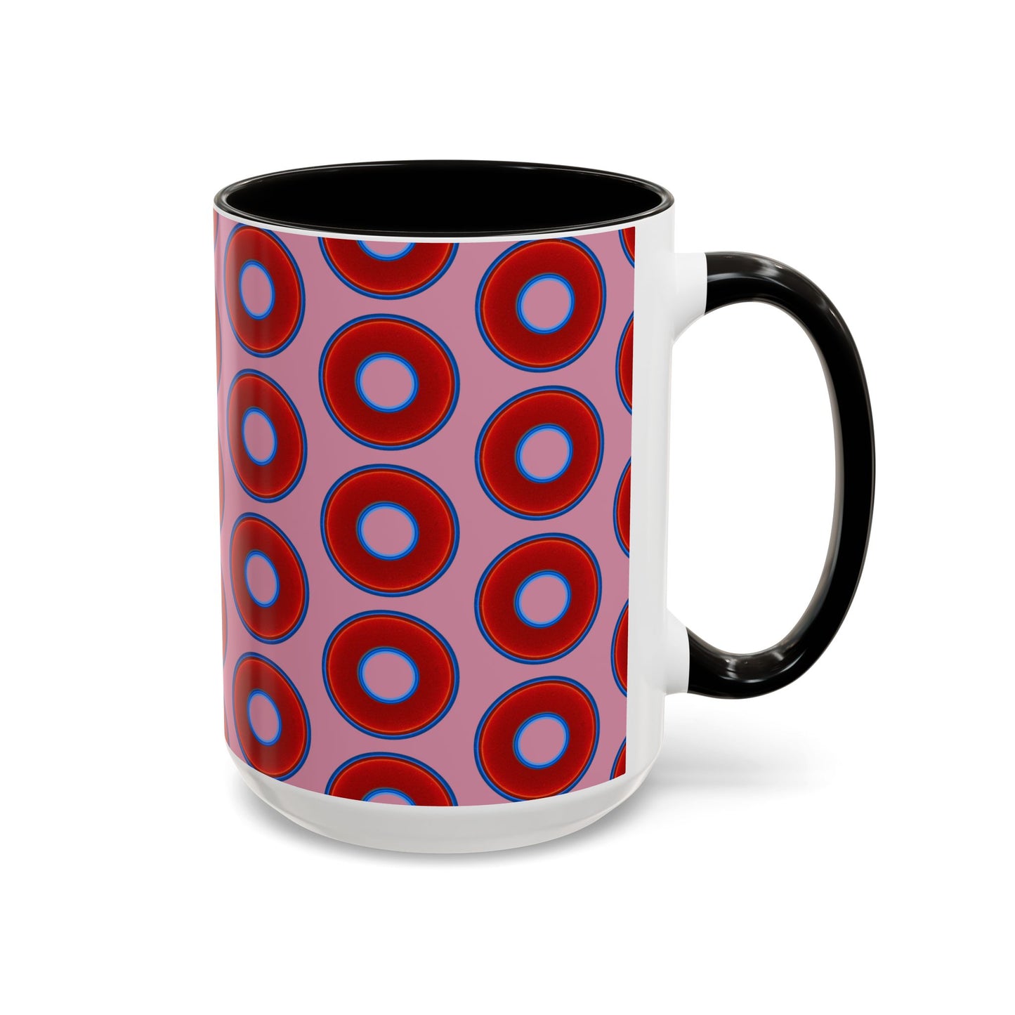 Lump's Grumpy Coffee Mug - vivid red donuts w/pink background