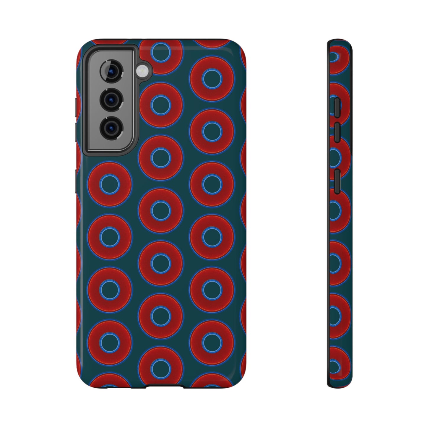 Impact-Resistant Lumpy Donut Case - red vivid donut print w/midnight green background