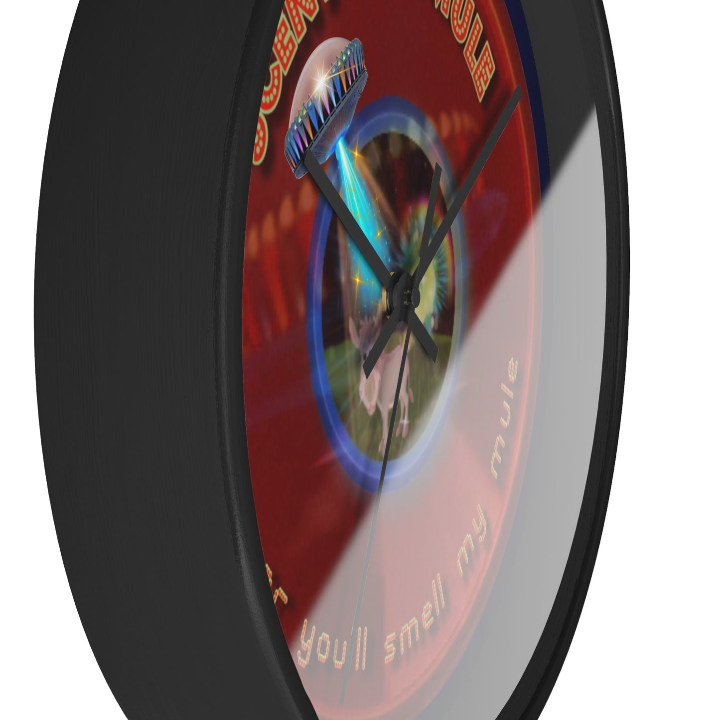Lumpy Wall Clock - "Donut Clocks? In Tomahawk County?" - variant 4 - vivid red/blue donut w/dark navy background