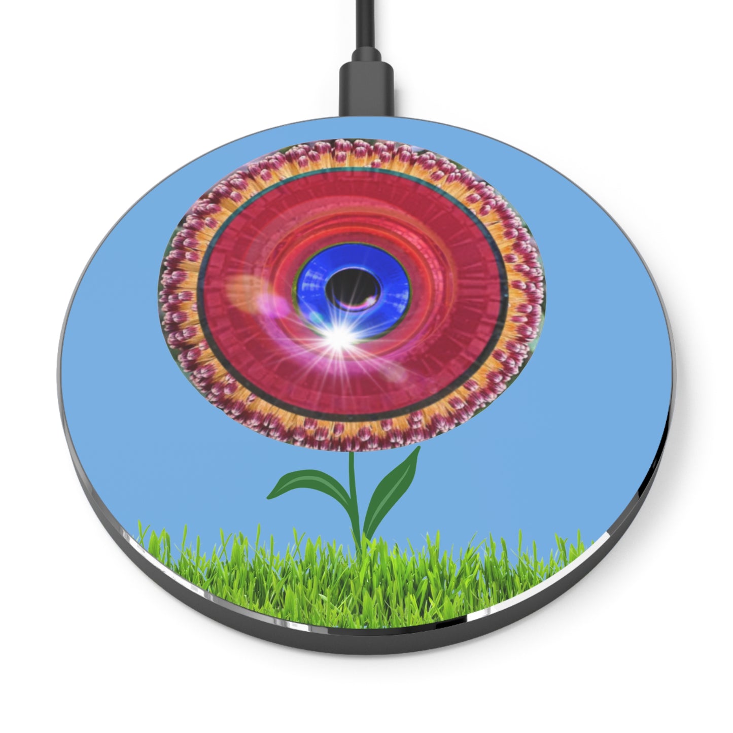 The Flow - Wireless Lumpy Donut Chargers - "Smell the Donuts Wireless Charging" - red flour donut w/light blue background - variant 2