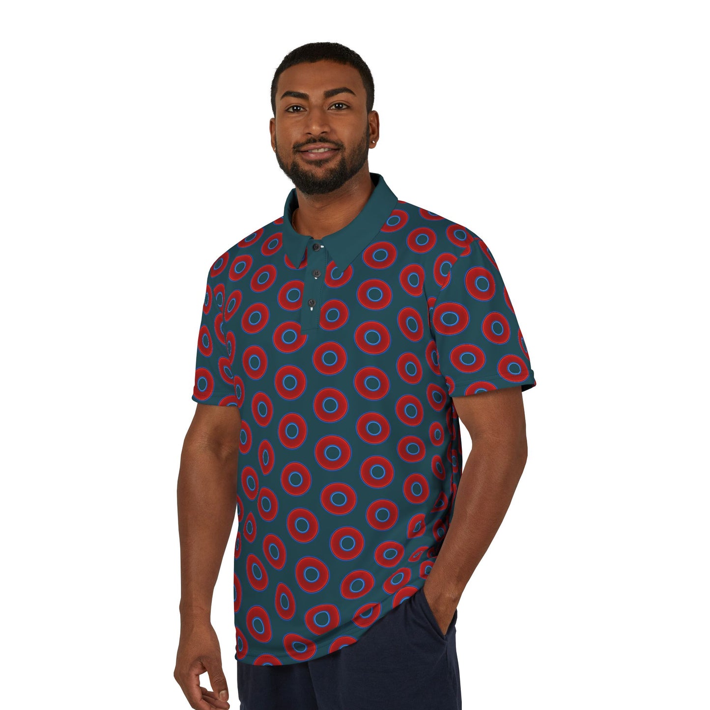 AOP Donut Polo - vivid donut print w/midnight teal green background [unisex]