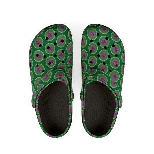 Spatchcocks - donut slip-on shoes - "The Donut Swimming By" - variant 1 - green phatty donuts w/green background background [unisex]
