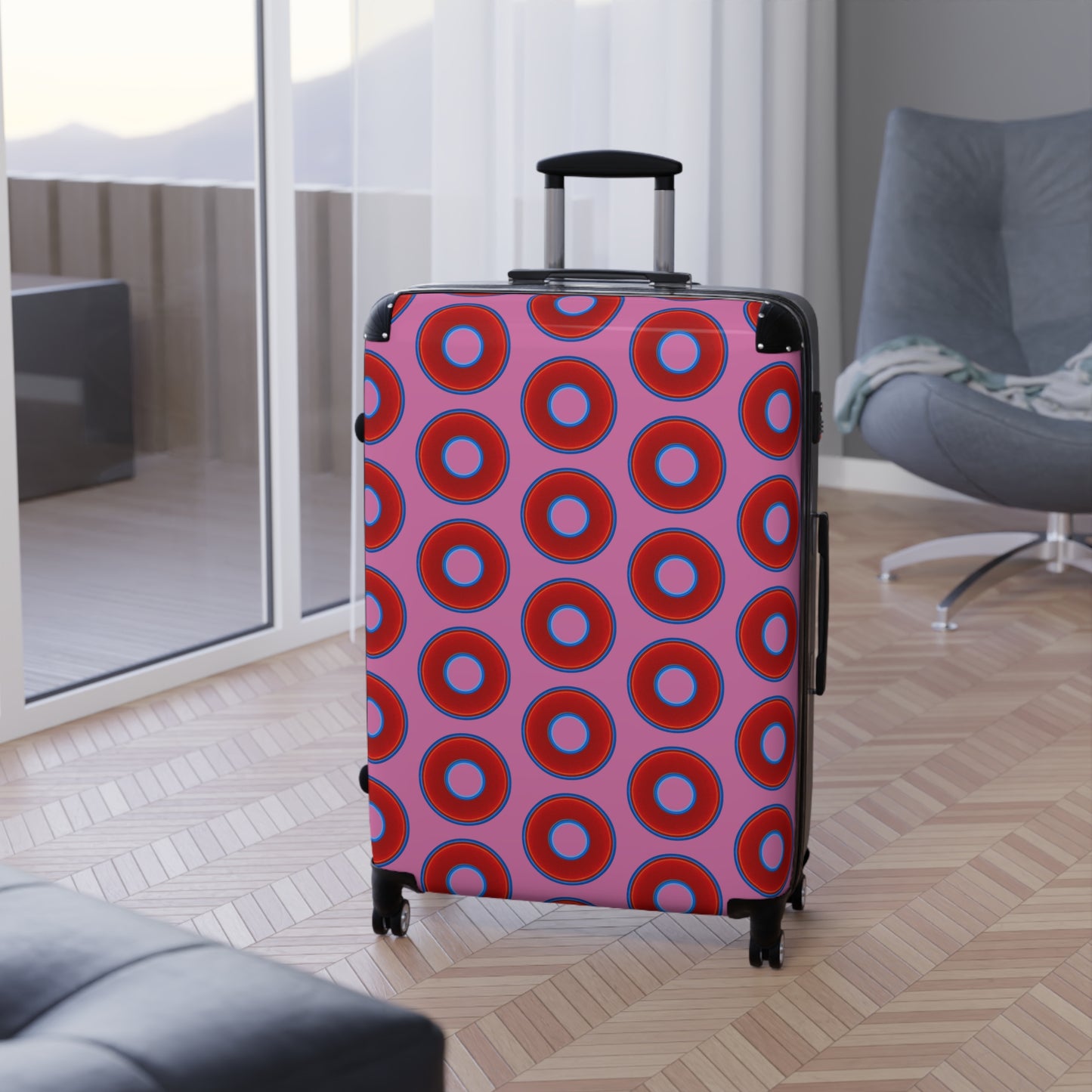 The Very Lumpy Donut Suitcase series - your choice of S, M or L - vivid red donut print w/light pink background
