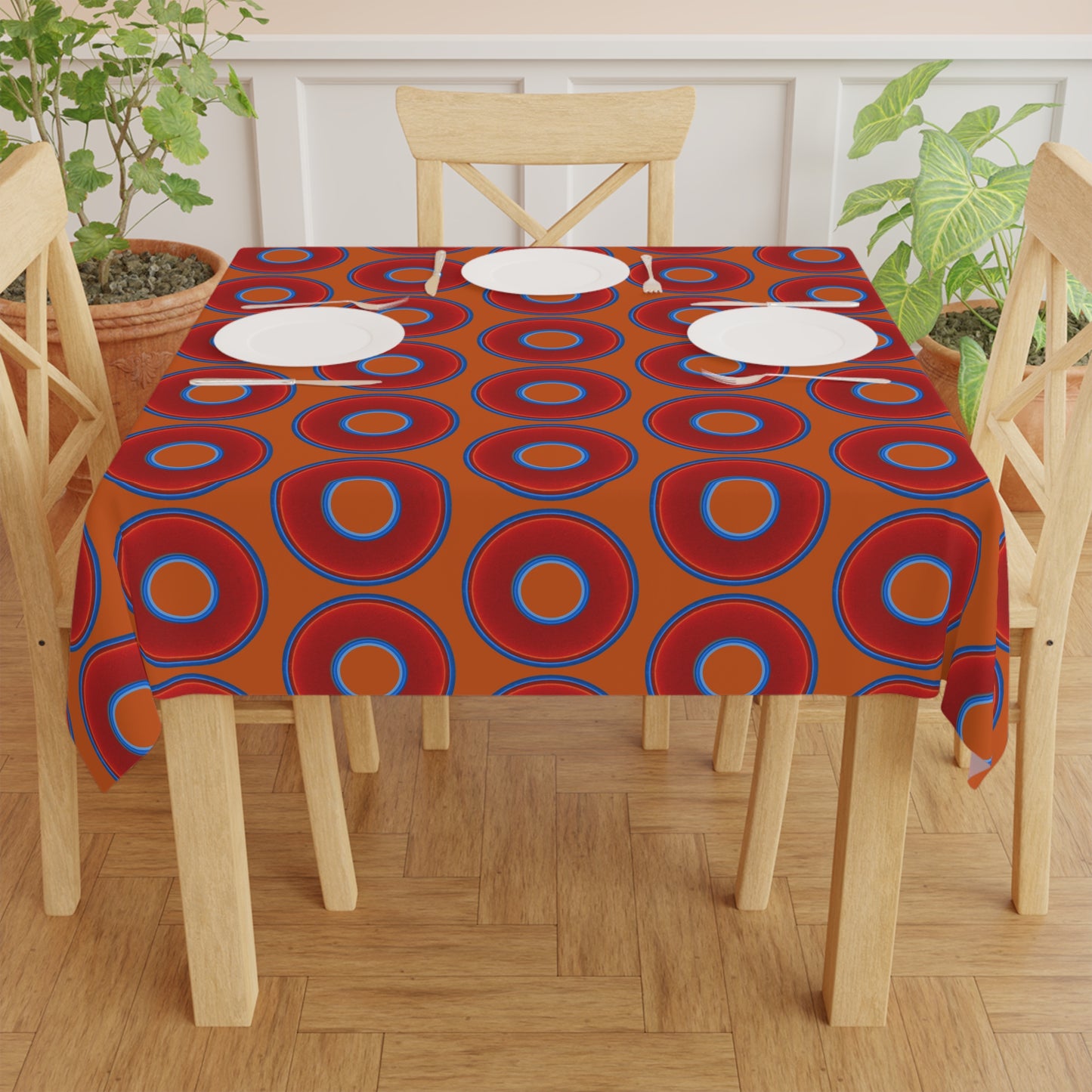 Lumpy Tablecloth - 55.1" x 55.1" - vivid red donuts w/dark orange background