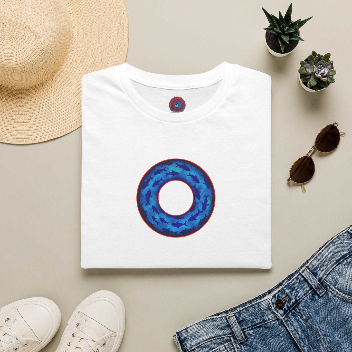 Classic Donut Tee - Unisex Soft-Style - "Skoolie of Phishies" - vivid sea donut - w/darker blue water - variant 2