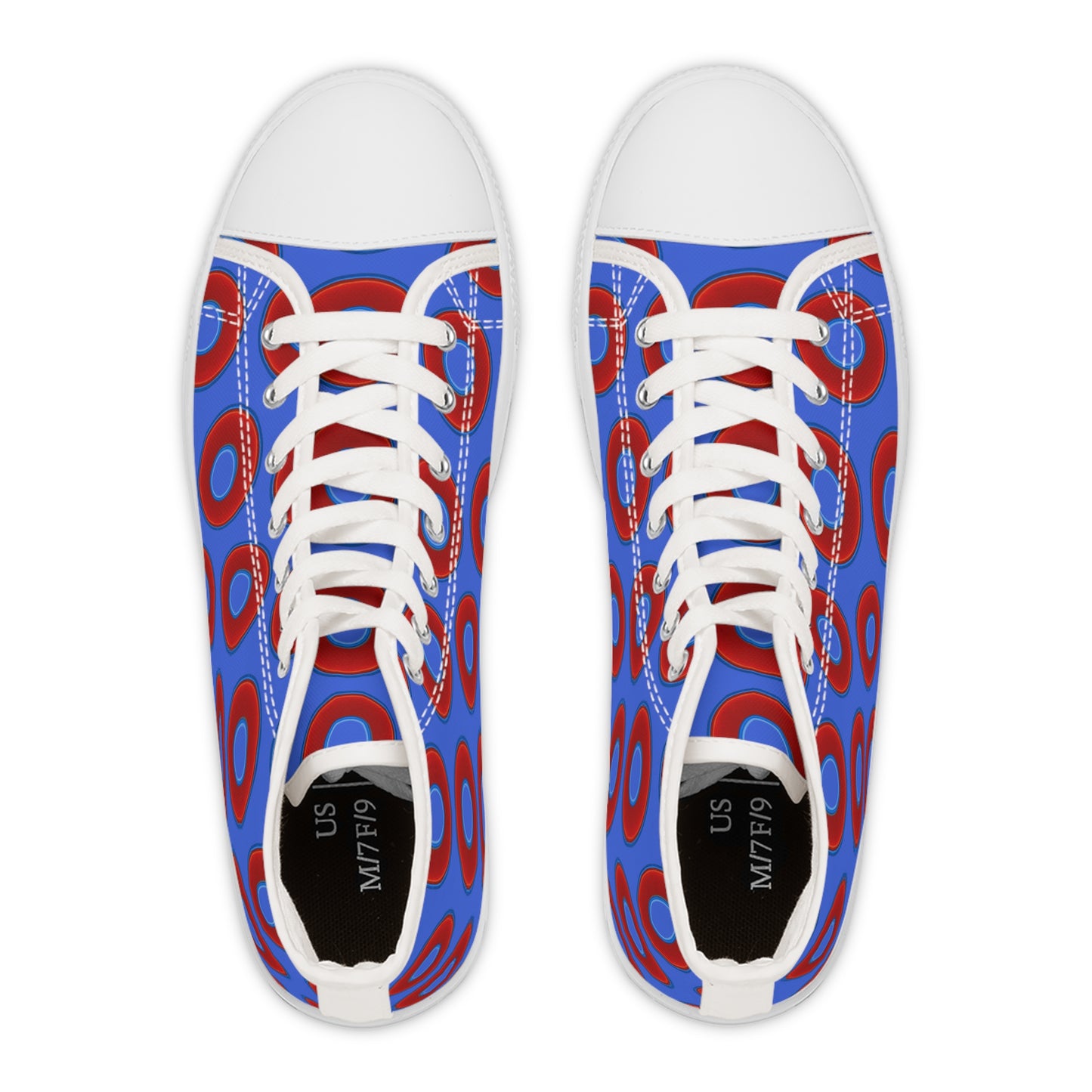 Women's High Top Chuck Taylors - large vivid red donut print w/royal blue background